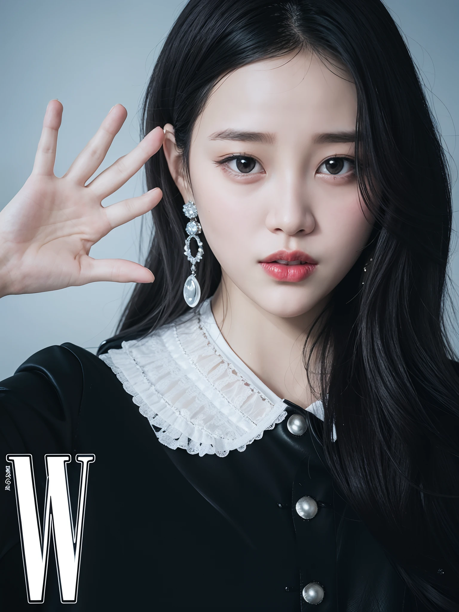 closeup portrait of Wonyoung, black leather jacket, red shirt, sad512, red lips, k-pop idol, standing in a nightclub,