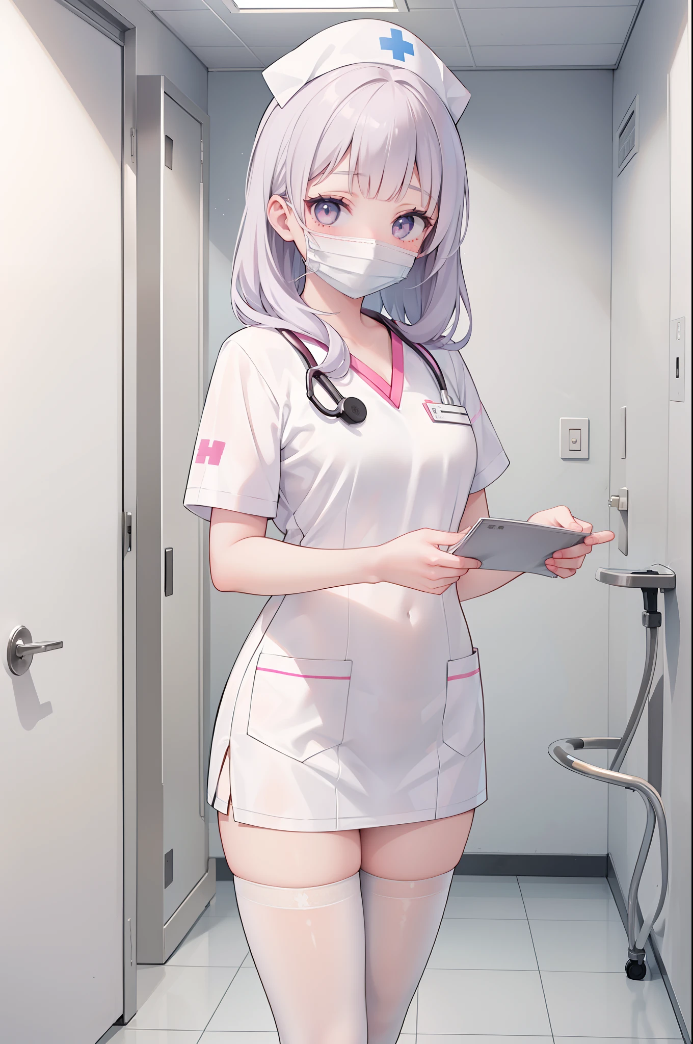 1girl, solamente, enfermera, Gorra de enfermera, Desgaste blanco, ((Legwear blanco, Zettai Ryouiki)), Guantes blancos, gafas, cabello azul, ojos naranjas, ((White surgical mask, nariz cubierta)), En pie, ((hospital room)), sharp outline, manga corta, La mejor calidad, Obra maestra