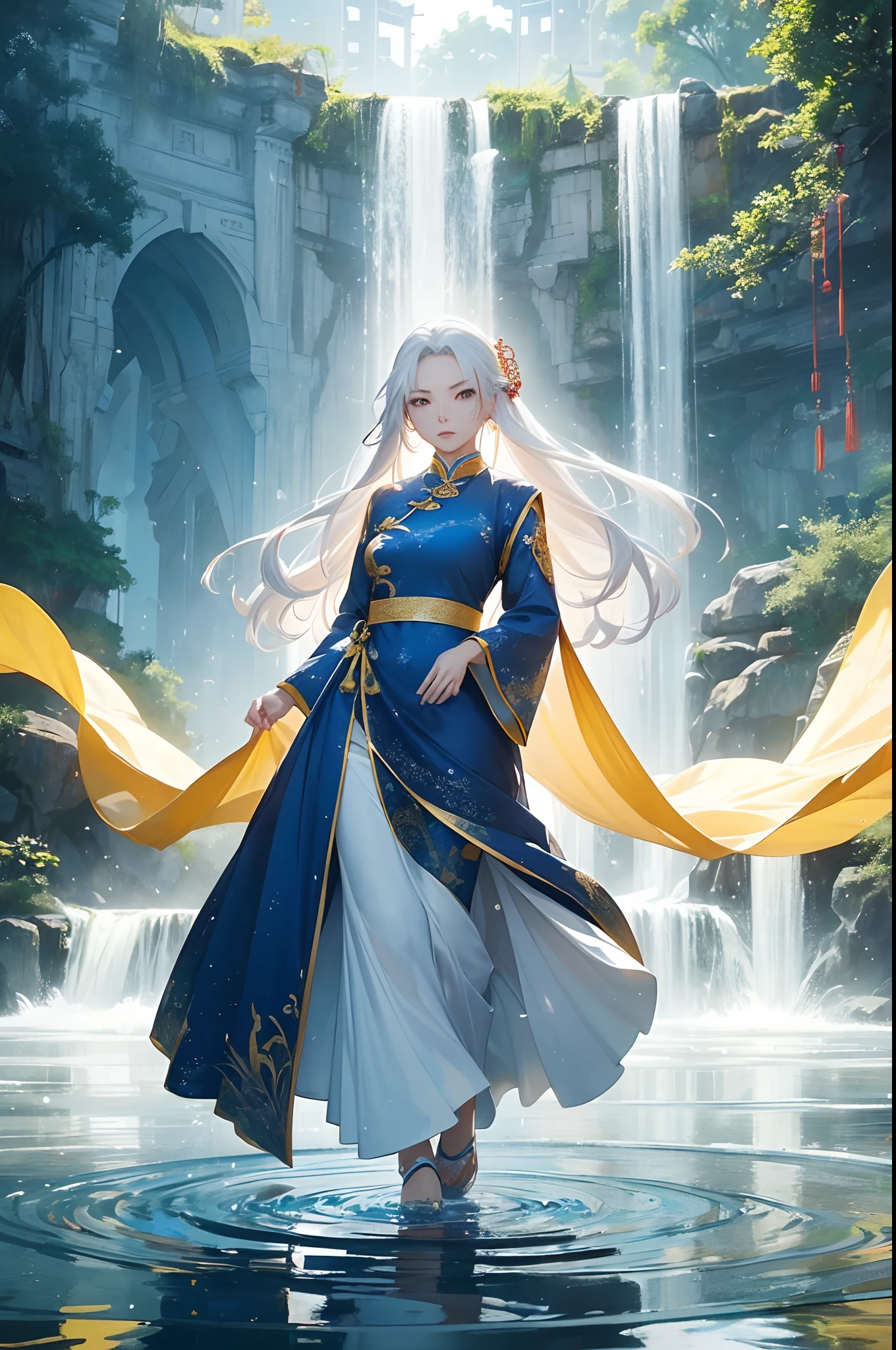 ((One chinese woman around 40 years old)), mature female, (super long white hair), ((serious expression)), long white blue monk dress, fantasy, water falling down around her, yellow dress details, water bending, (standing on the ground), ((perfect hands)), (perfect face)