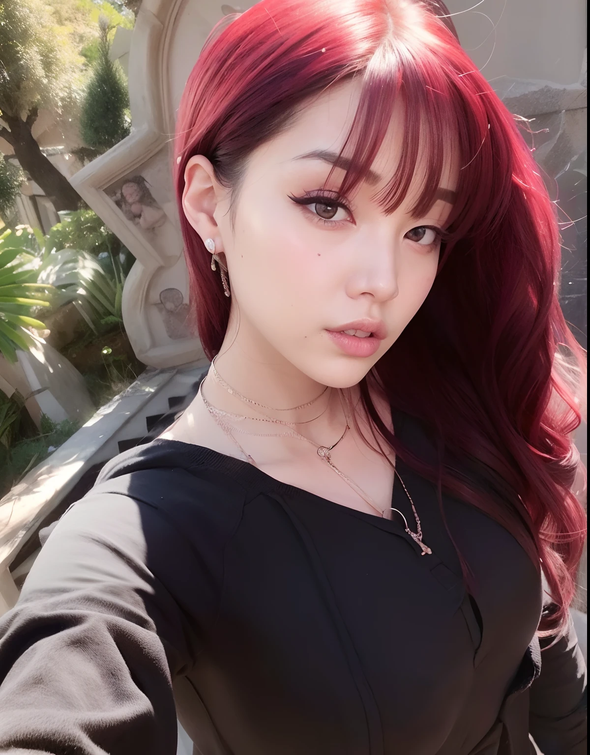 um close up de uma mulher com cabelos ruivos e uma camisa preta, com cabelos ruivos, cruel korean goth girl, Ulzzang, com longos cabelos ruivos, cabelos tingidos de vermelho, Lalisa Manobal, cabelos vermelhos carmesim e olhos vermelhos, com cabelos ruivos cacheados, cabelo carmesim vermelho, veludo vermelho, cabelos pretos e ruivos, cabelo carmesim, Dom Yunjoo
