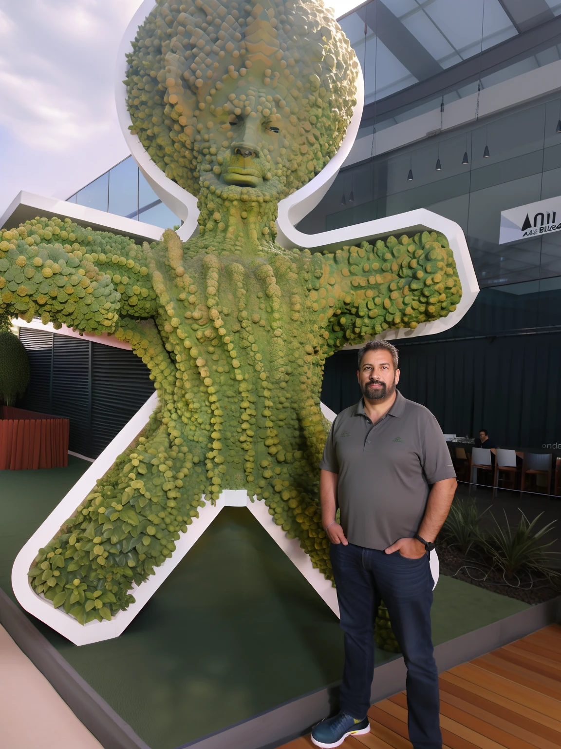 Arafed Man Standing in Front of a Large Green Man Sculpture, obra-prima obra de arte, 4 5 I, escultura de altura total, Filipe Starck, tudo crescendo dentro de um enorme, grande obra-prima, next to some alien plants, a person standing in front of a, in australia, at 15 feet high, coberto de plantas, Obra-prima maravilhosa