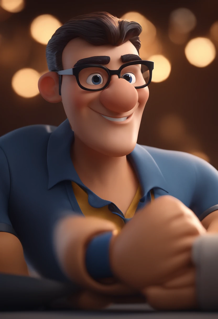 Cartoon character of a man with black glasses and a blue shirt, animation character, Caractere estilizado, animation style rendering, 3D estilizado, Arnold Maya render, 3 d render stylized, toon render keyshot, Personagem 3D, Personagem 3D, 3d rendering stylized, 3 d character render, personagem de desenho animado, Personagem de close up, Pose de personagem, (Estilo Pixar) (master part:1.2) (Bokeh) (best quality) (pele detalhada) (textura detalhada) (8k) (argila) (Cinematic lighting) (foco nítido