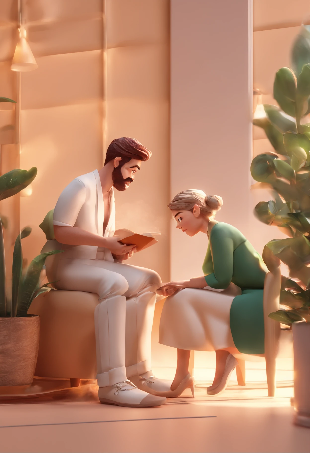 An illustration of an adorable couple, Destacando um homem e uma mulher com beleza, Expressive eyes – the man's hair is bald and brown and he has a full beard, While the woman's hair is tied up in a bun and blonde. They are a bright space, Todos com um sorriso no rosto, e compartilhe um momento especial, That is marked by love, viagem, and pedagogical insights. Ilustre esta cena a partir de uma perspectiva, where they're facing away from the camera, Show Your Connection. Desenvolva esta arte em Full HD, Focus on your cinematic touch, Estilo Disney Pixar Animations