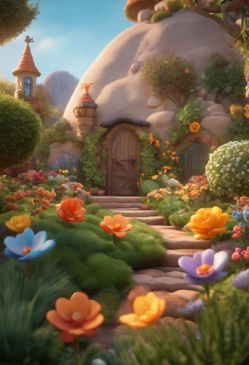 Create a Disney PIXAR-style 3D poster. They're happy and  ((tudo isso no estilo Disney PIXAR 3D, In the scenery a garden is full of nature 3D render RTX clay material, estilo de design cartunesco, POP Mart, soft lighting, linhas suaves, Spring tilt, Detailed illustrations of PIXAR 3D, Detalhes hiper-realistas, cor quente no estilo Disney PIXAR 3D))