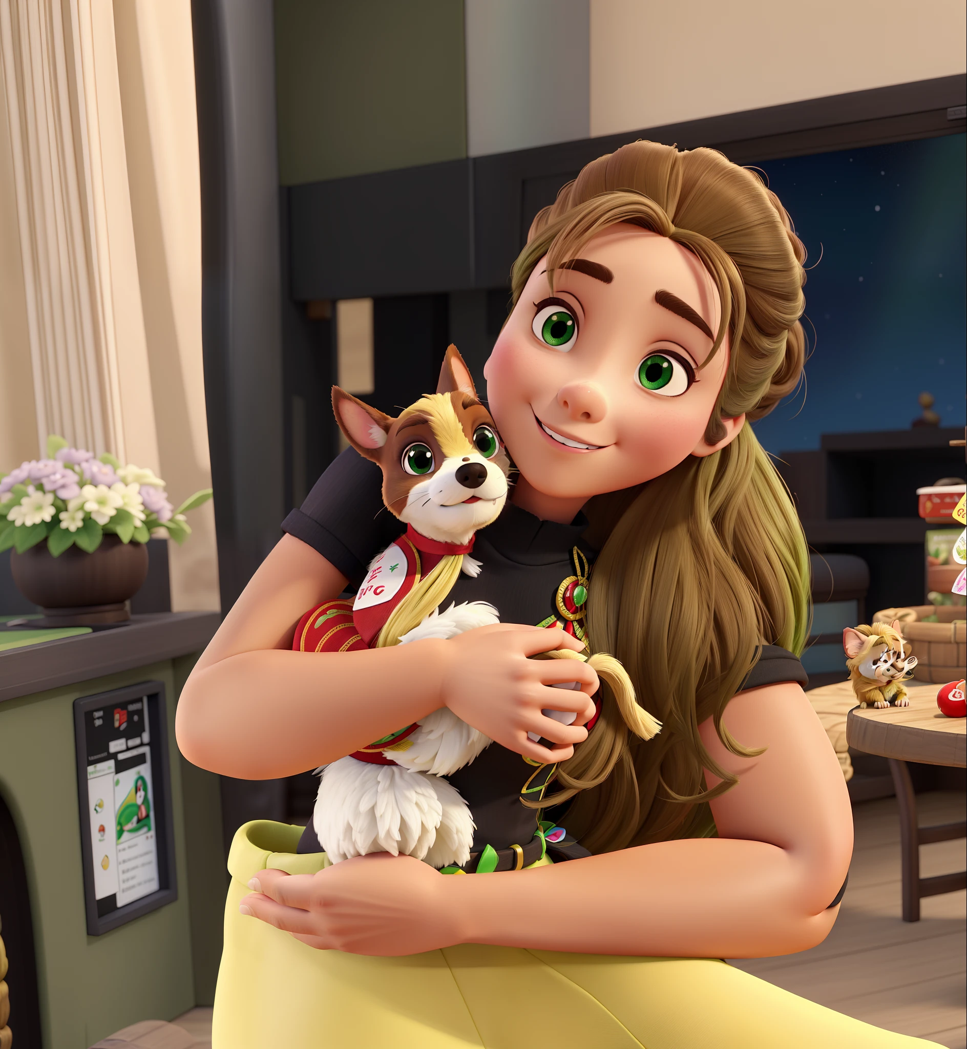 Mulher branca, magra, cabelo castanho claro, olhos verdes, carregando cadela chihuahua branca de pintas marrons vestida de Minnie, no colo, modelo Disney pixar, melhor qualidade.