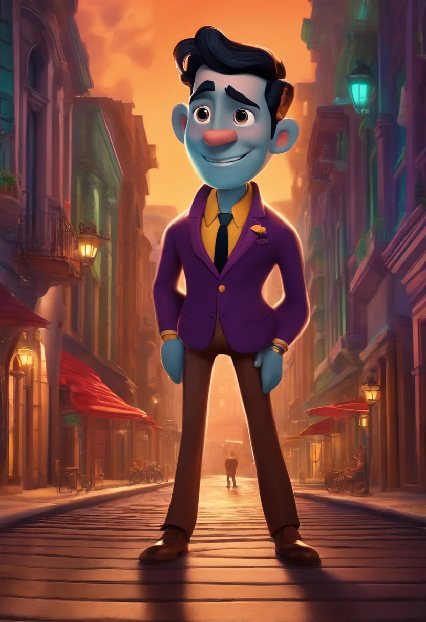 A city councilman looking at a dream project inspired by Pixar animation, de perto. The character takes center stage with captivating facial expressions, oferecendo um toque de irrealidade