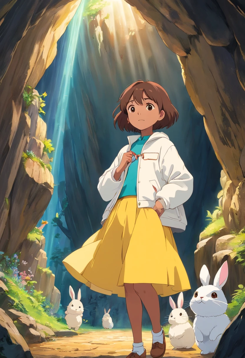 A brown girl with short hair and rabbit ears in a white jacket and yellow skirt stands in the depths of the cave，Found a magical treasure chest，There's a sparkling gem inside。miyazaki movie，A surprised and happy expression, ghibli animated film, miyazaki movie, oil painting, detailed features, animate，The whole scene is dreamy and magical