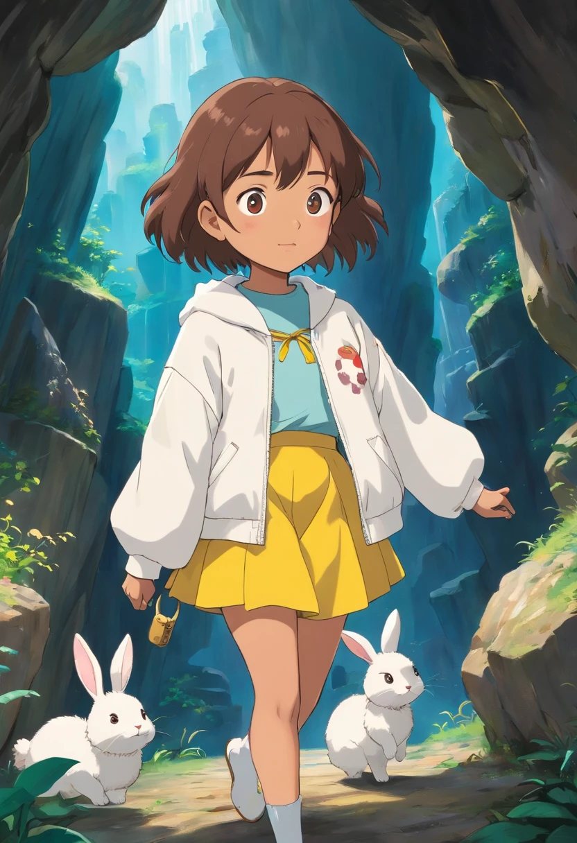 A brown girl with short hair and rabbit ears in a white jacket and yellow skirt stands in the depths of the cave，Found a magical treasure chest，There's a sparkling gem inside。miyazaki movie，A surprised and happy expression, ghibli animated film, miyazaki movie, oil painting, detailed features, animate，The whole scene is dreamy and magical