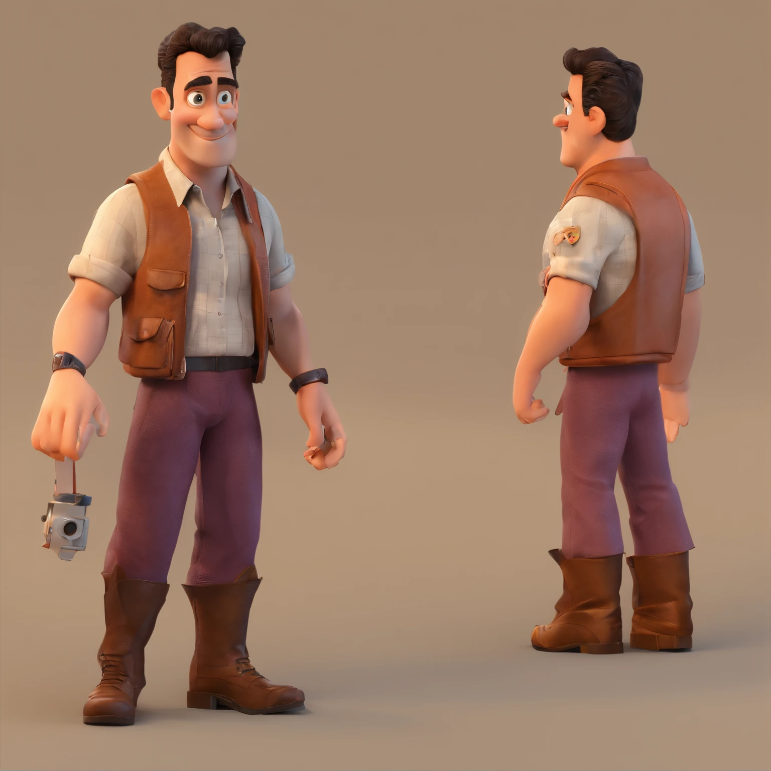 Criar um personagem no estilo Pixar. Trata-se de um homem de 30 anos, phtograph, com barba, Moreno claro, com cabelos castanhos curtos e um quiff, e olhos castanhos. He must have a camera in hand and in a photographer's studio.