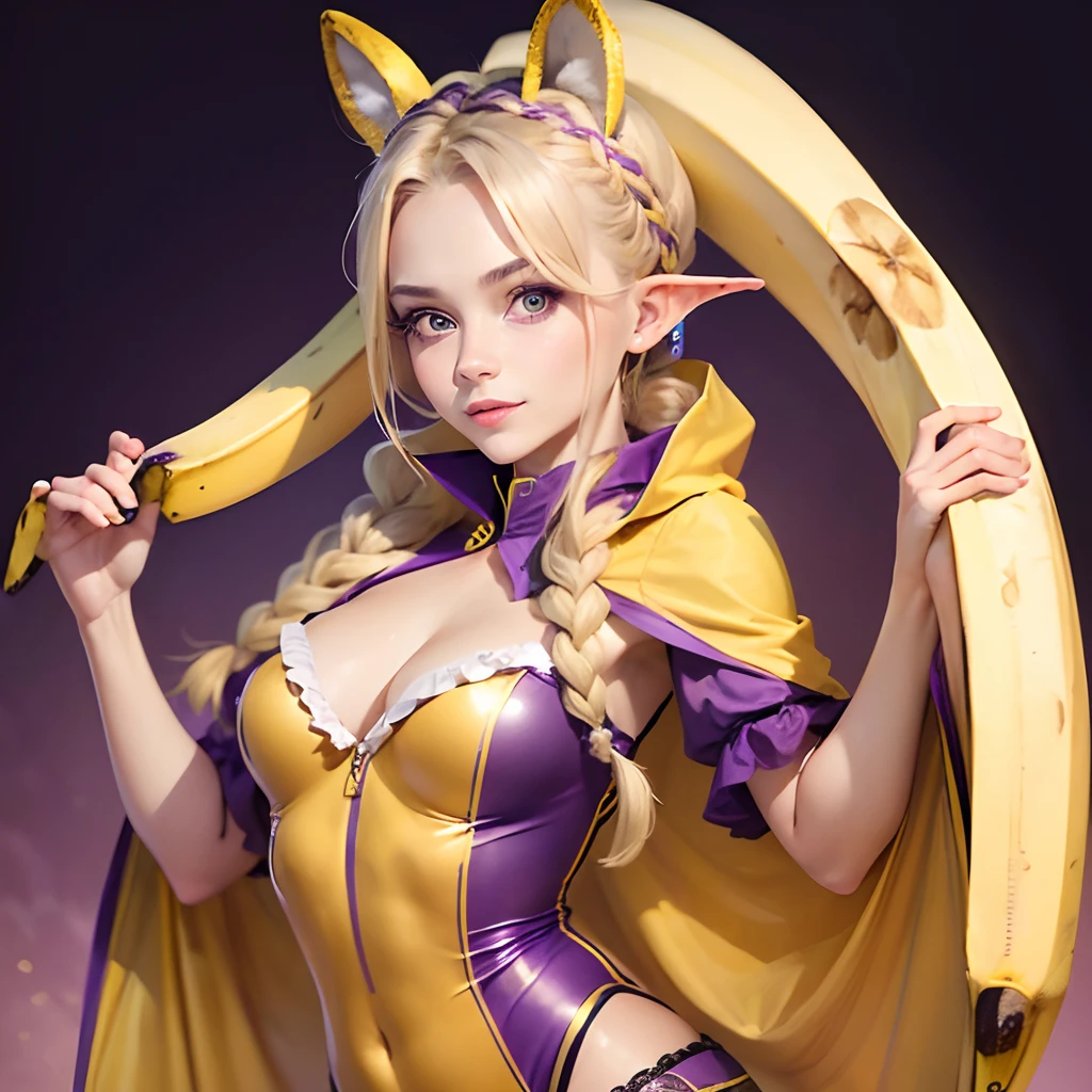 tmasterpiece (1 girl 25 years old tries on a banana costume:1.3) , violet eyes, blonde woman, hairlong, braided ponytail, pointed ears, mouth open. Half-smile. full-length photo. higly detailed. Top Quality.