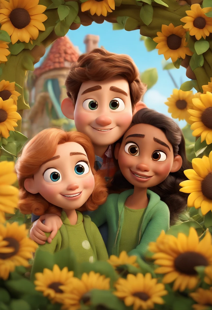Create a Disney PIXAR-style 3D poster. ((centro da imagem, Triplets)), ((3 children)) ((1 menino no meio e 2 meninas ao lado, They're hugging each other, O menino tem pele castanha e cabelos castanhos escuros e olhos castanhos escuros, 1 menina tem pele clara, olhos e cabelos escuros e cacheados, e a outra menina tem pele morena, olhos escuros e cabelos escuros e lisos)) ((tudo isso no estilo Disney PIXAR 3D, In the background, A house of sunflowers, Gloria Studio, The garden is full of nature 3D render RTX clay material, estilo de design cartunesco, POP Mart, soft lighting, linhas suaves, Spring tilt, Detailed illustrations of PIXAR 3D, Detalhes hiper-realistas, cor quente no estilo Disney PIXAR 3D))