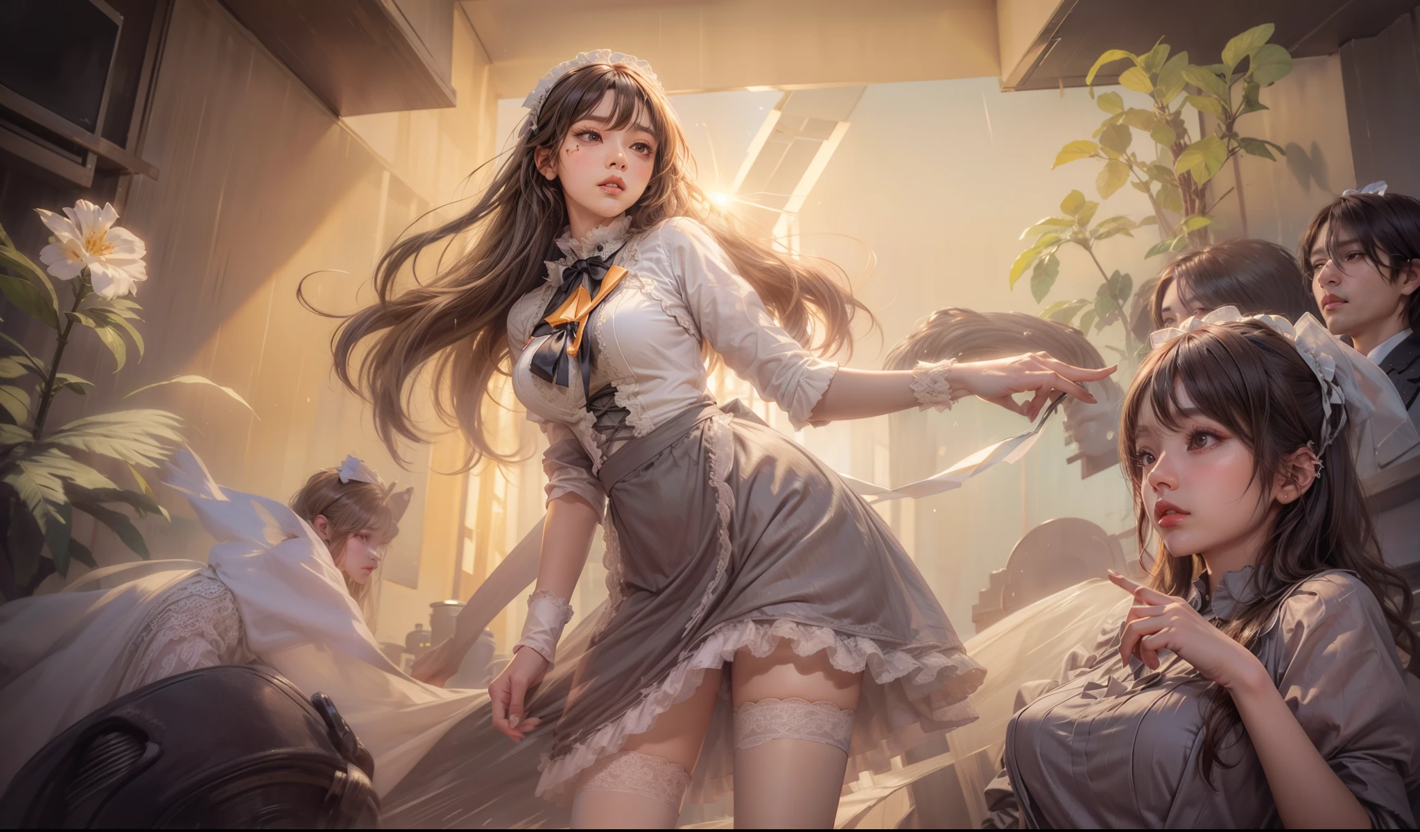 (maximum resolution: 1.2), (Ultra HDTV: 1.2), 8K resolution, Eye and skin detail, detailed facial features, , ( Sharp focus: 1.2）, (Focus focus) exact) facial expression: 1.2), Girl standing, In cafe, Maid outfit, (long hair), Black hair , Coffee cup in hand