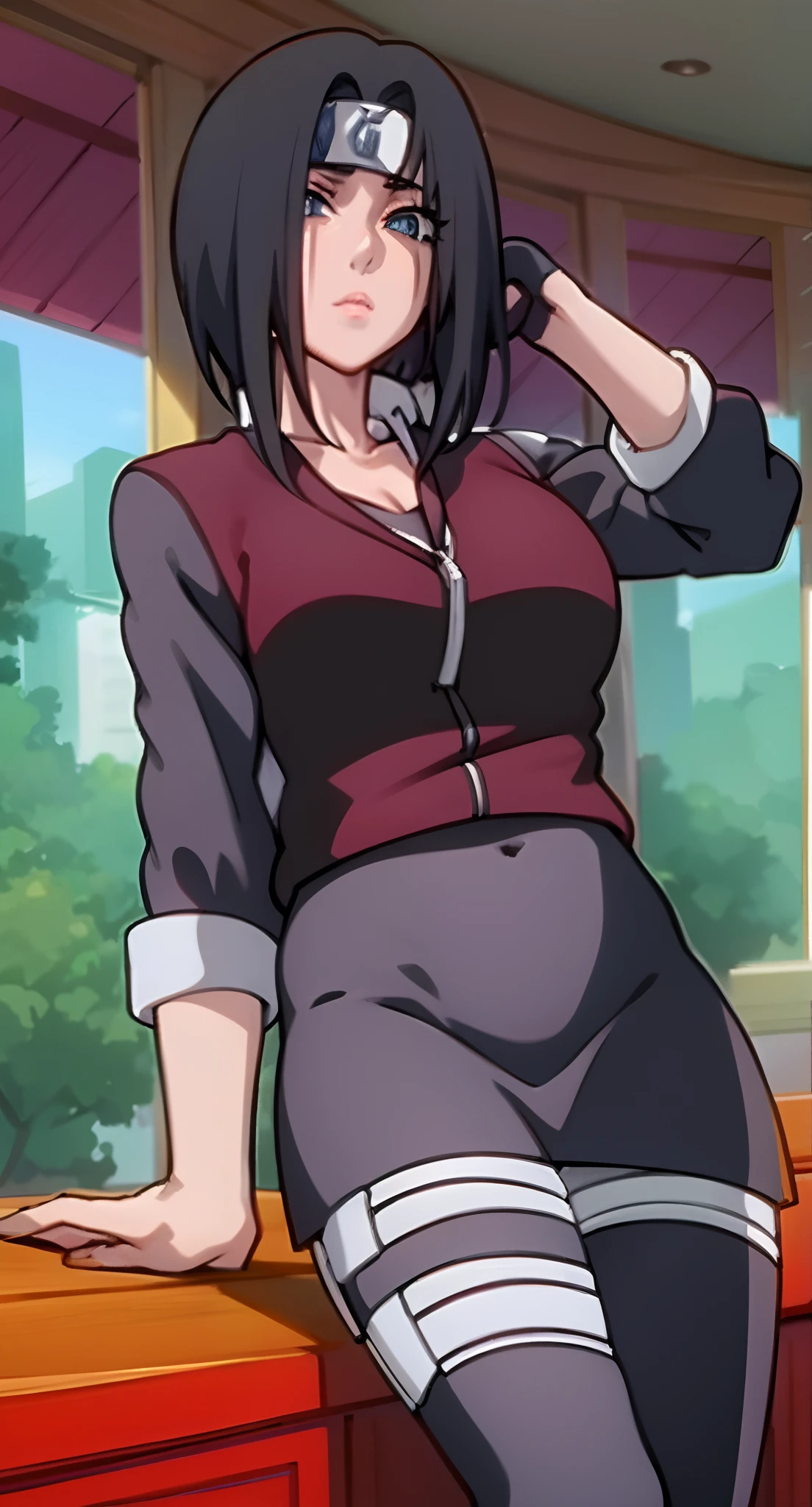 A closeup of a person sitting on a counter, Estilo anime", Close-up de corpo inteiro, Personagem de anime feminino, olhos azuis.