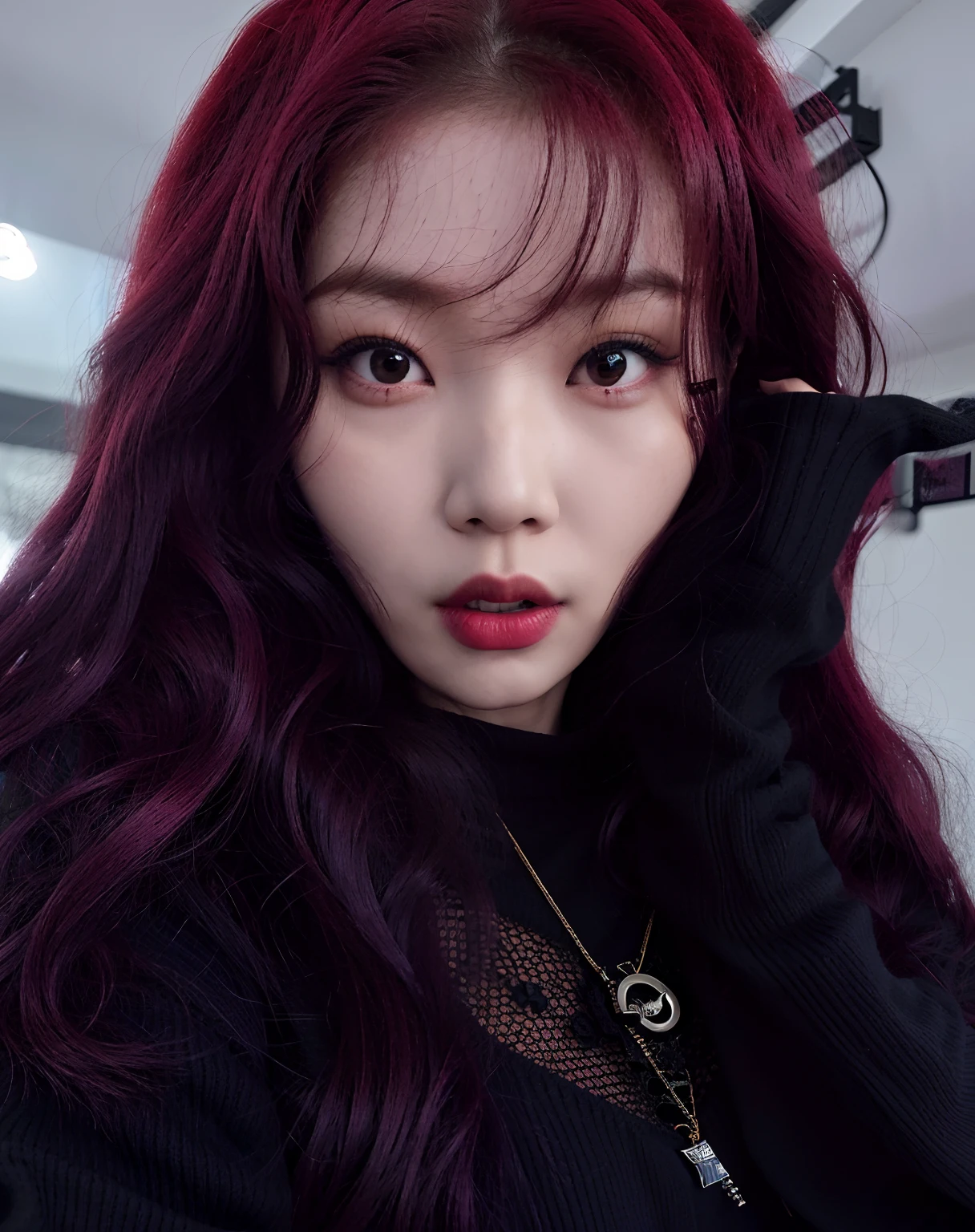 Arafed woman with long red hair and a black sweater, Dom Yunjoo, cruel korean goth girl, Jinyoung Canela, Jaeyeon Nam, Heonhwa Choe, Ulzzang, Sakimichan, Parque Ji-min, Hong June Hyung, TaeJune Kim, Lee Ji-eun, Lee Ji - Eun, BBWCHAN