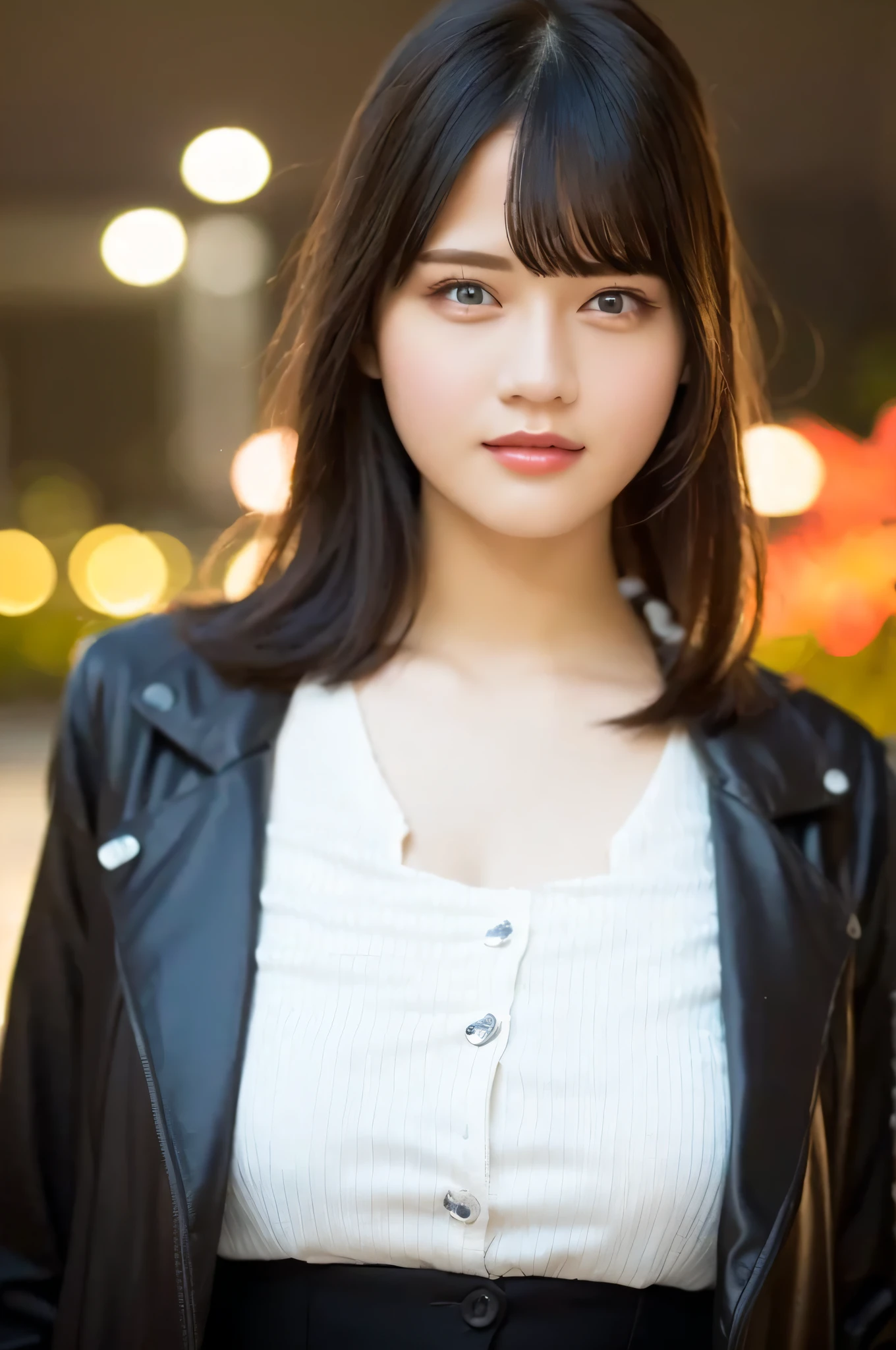 1girl,(wearing a blouse and long jacket:1.2),(RAW photo, best quality), (realistic, photo-realistic:1.4), masterpiece, an extremely delicate and beautiful, extremely detailed, 2k wallpaper, Amazing, finely detail, extremely detailed CG unity 8k wallpaper, ultra-detailed, highres, soft light, beautiful detailed girl, extremely detailed eyes and face, beautiful detailed nose, beautiful detailed eyes,cinematic lighting,city lights at night,autumn scenery,maple leaves in autumn,in a park,park light,perfect anatomy,slender body,smiling