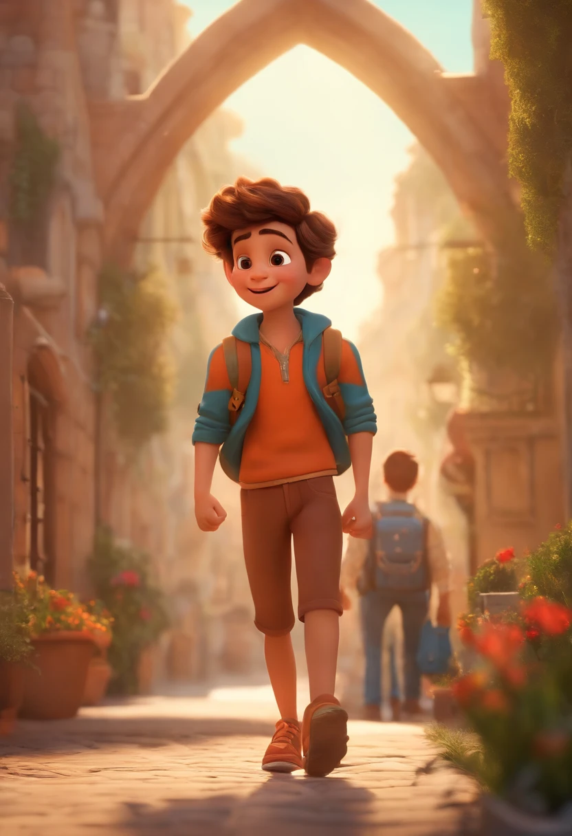 Image of a boy for a story in a YouTube video in Pixar format, He's the little allabester, He's the class leader, He's outgoing, Playful and gets up for a lot of things, Make your physique a little less lean, Not so much, just a little, deixe o corte de cabelo de forma para cima