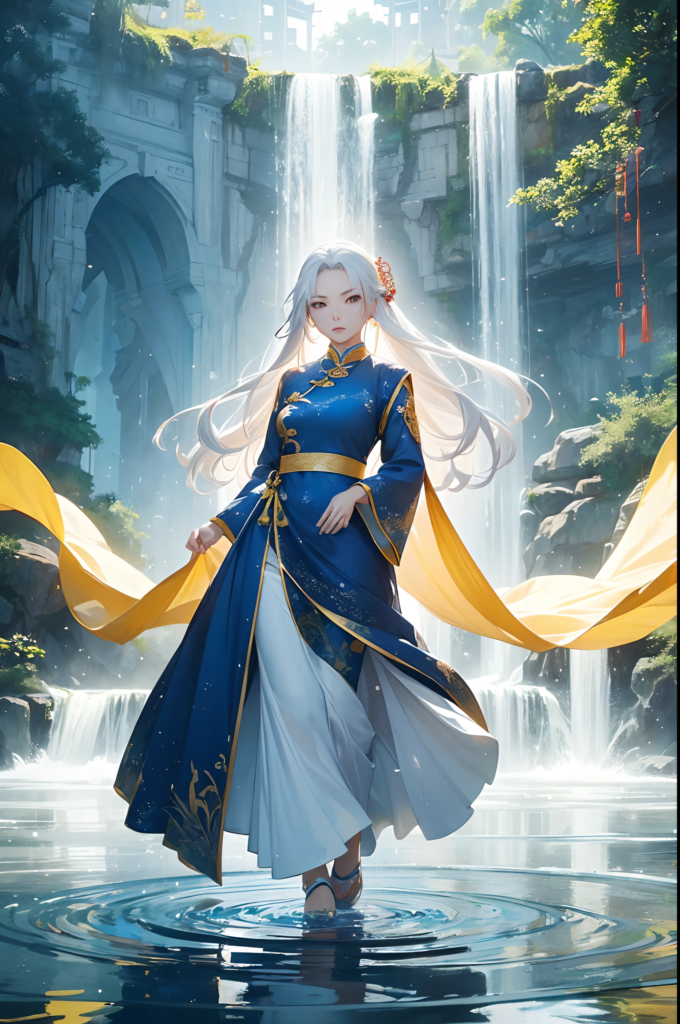 ((One chinese woman around 40 years old)), mature female, (super long white hair), ((serious expression)), long white blue monk dress, fantasy, water falling down around her, yellow dress details, water bending, (standing on the ground), ((perfect hands)), (perfect face)