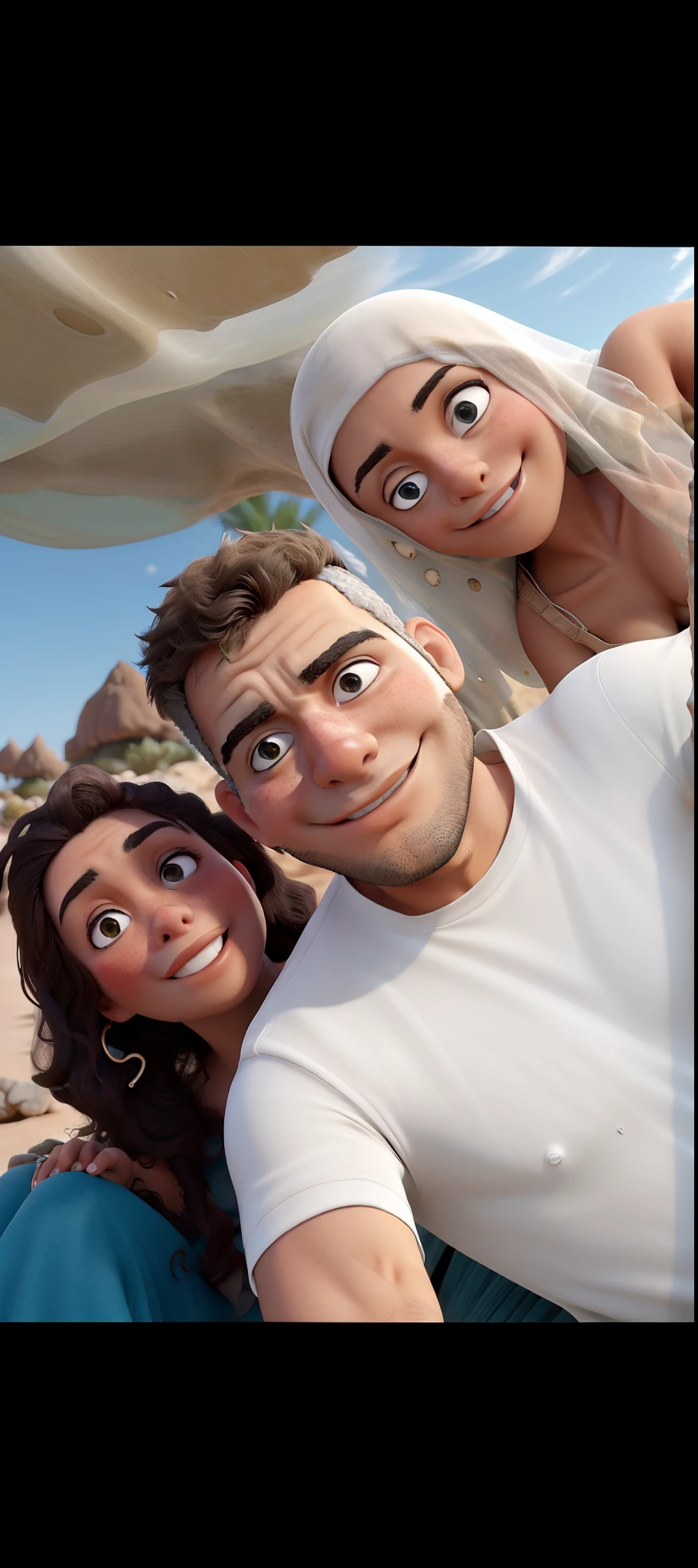 A girl and a boy the boy wears a white t-shirt and a blue short and the girl wears a black and white dress with a veil on her head they standing on a beach