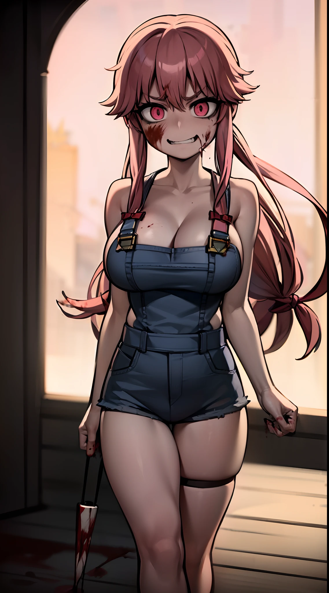 8K,Best quality, masterpiece, naked overalls, yuno gasai, long hair, (pink eyes:1.5), pink hair, smile, low twintails, red eyes, (large breasts:1.5), (angry crazy:1.4), (blood splatter:1.5), (face mask:1.3), (perfect hands:1.5)