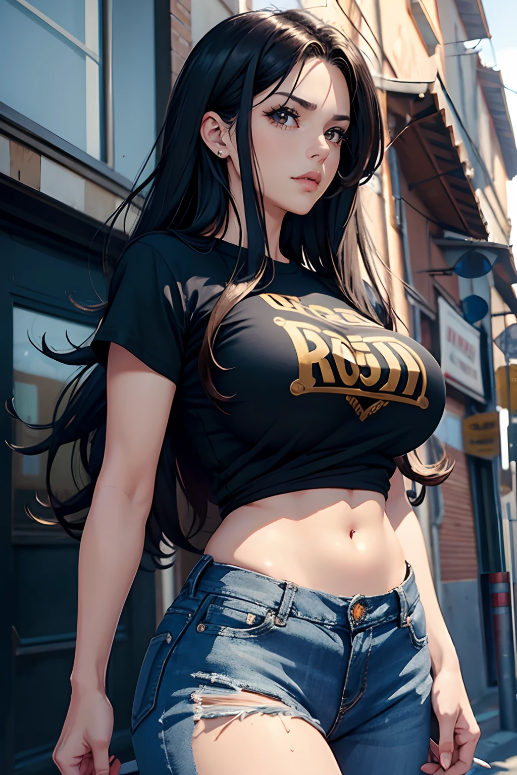 1girl, adorable face, long hair, milf, hot mom, jojo anime, mature woman, jojo’s bizarre adventure, stylish woman, black hair, brown eyes, large boobs, metal band shirt, jeans, italian streets, dramatic, detailed features, solo ((HIGHEST QUALITY)), ((GENERATE PERFECTLY))