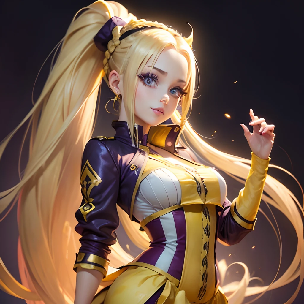 tmasterpiece (1 banana girl 25 years old :1.3) , violet eyes, blonde woman, hairlong, braided ponytail, pointed ears, mouth open. Half-smile. full-length photo. higly detailed. Top Quality.