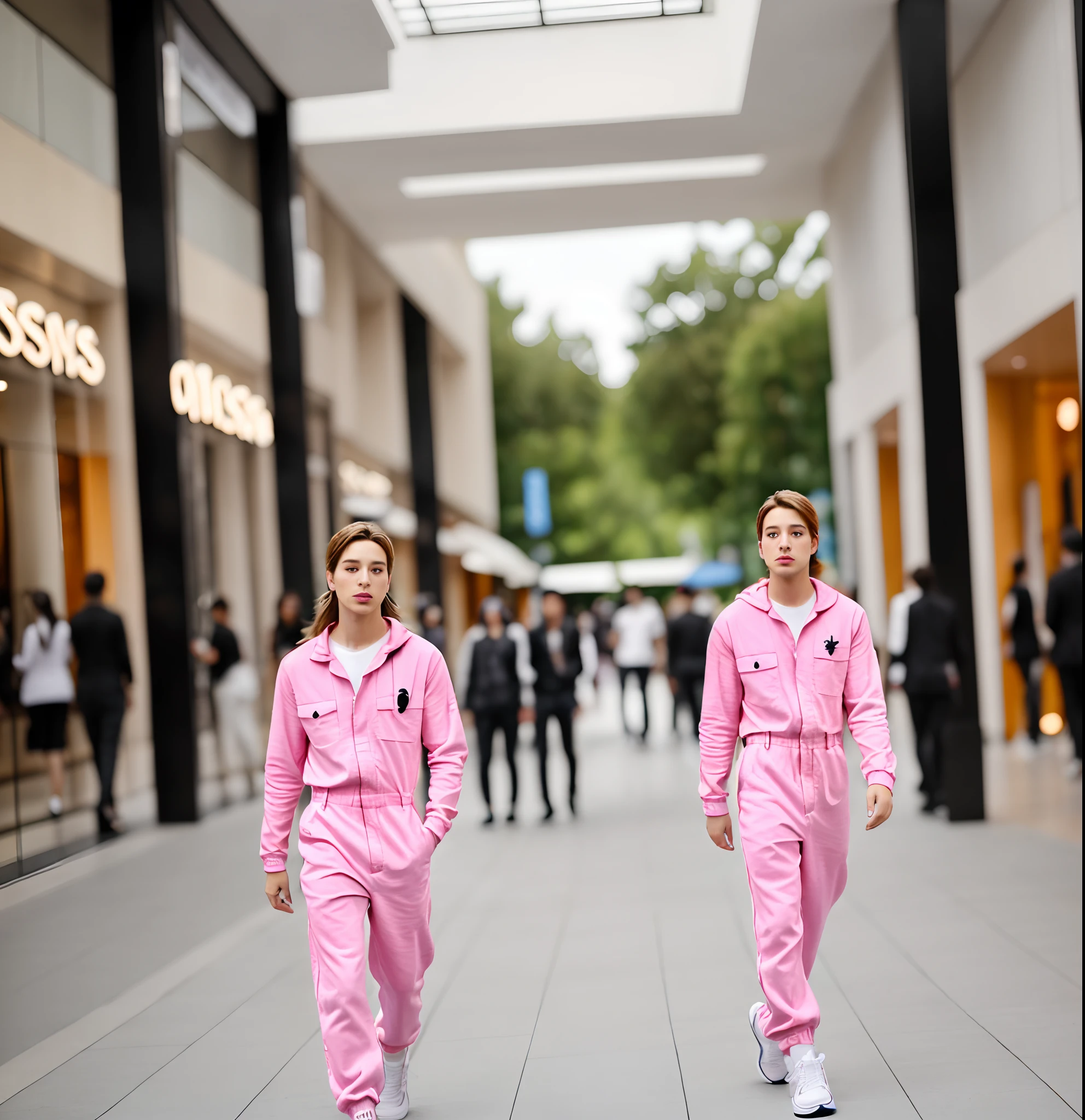 modelo Disney Pixar 3d, Tall Skinny Blonde Brown Eyes Thin Nose Thin Mouth Skinny Feathers Is Wearing Pink Jumpsuit And White Sneakers Is Walking In The Mall