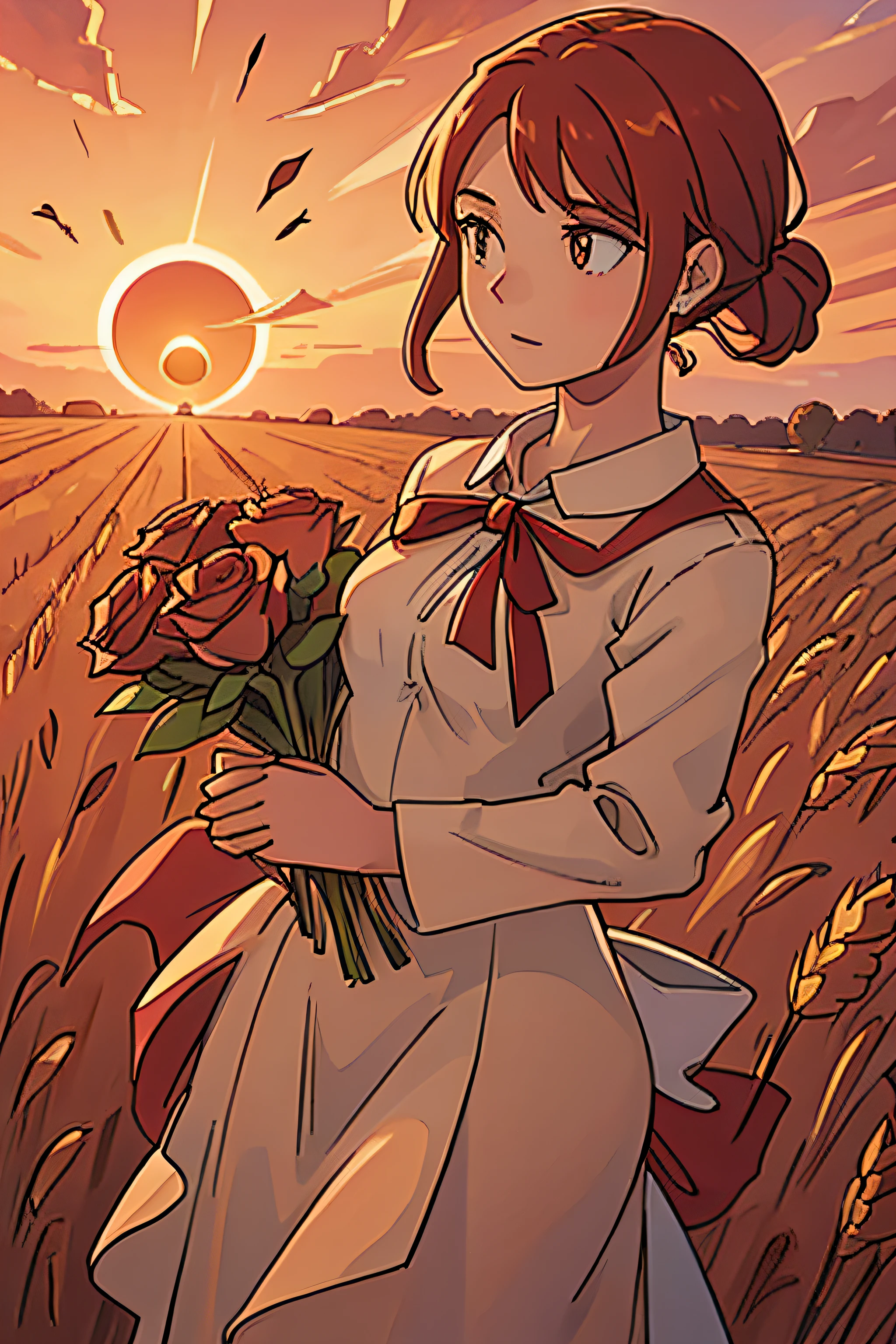 A statue of a female angel figure standing alone in a wheat field during a red sunset while holding a rose bouquet
