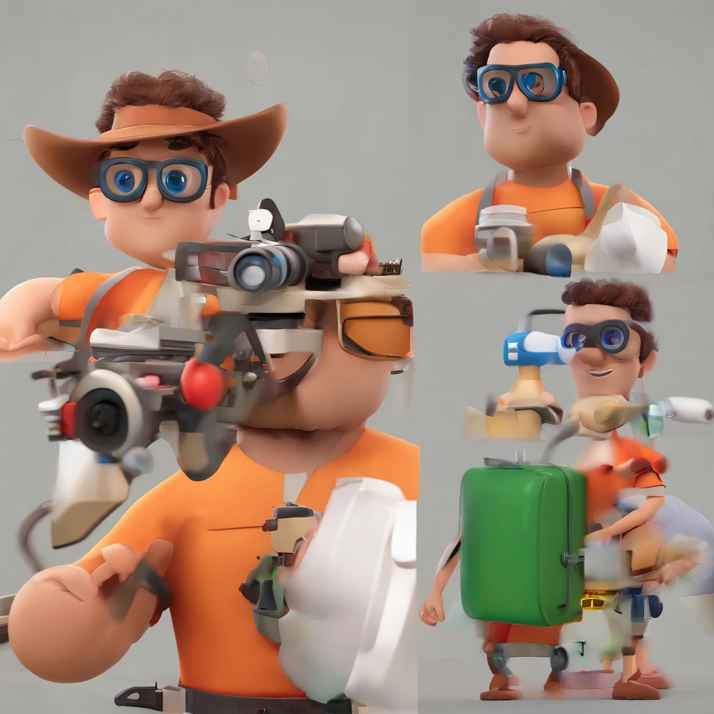 Criar um personagem no estilo Pixar. Trata-se de um homem de 30 anos, phtograph, com barba, Branco, com cabelos castanhos curtos e um quiff, e olhos castanhos. He must be holding professional camera and tripod and must be inside a professional photo studio