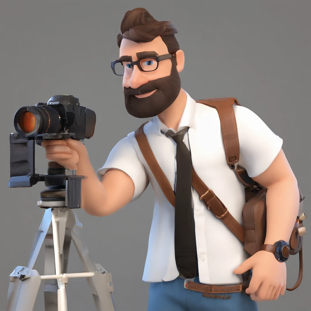 Criar um personagem no estilo Pixar. Trata-se de um homem de 30 anos, phtograph, com barba, Branco, com cabelos castanhos curtos e um quiff, e olhos castanhos. He must be holding professional camera and tripod and must be inside a professional photo studio