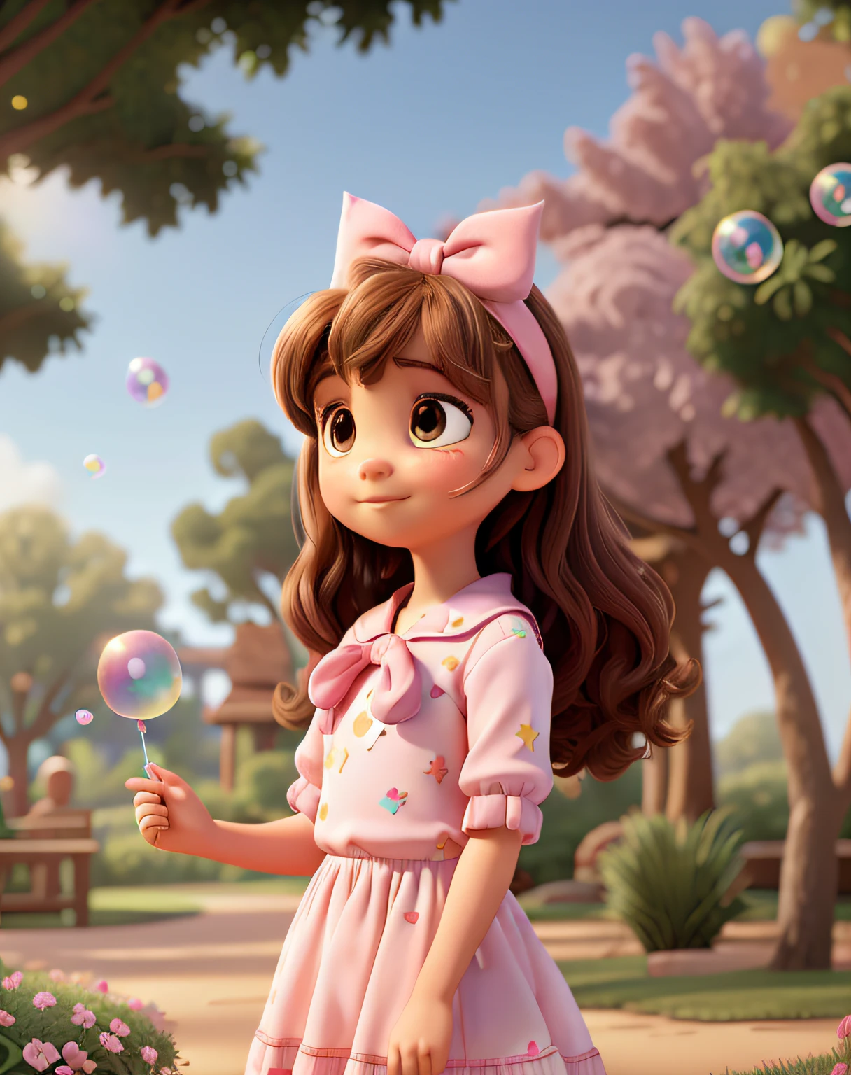 Disney Pixar style poster of a little girl with brown eyes, straight hair with bangs and a pink bow on her head, blowing soap bubbles on a humid day. White skin, wearing a unicorn dress. In the background we see an ecological park