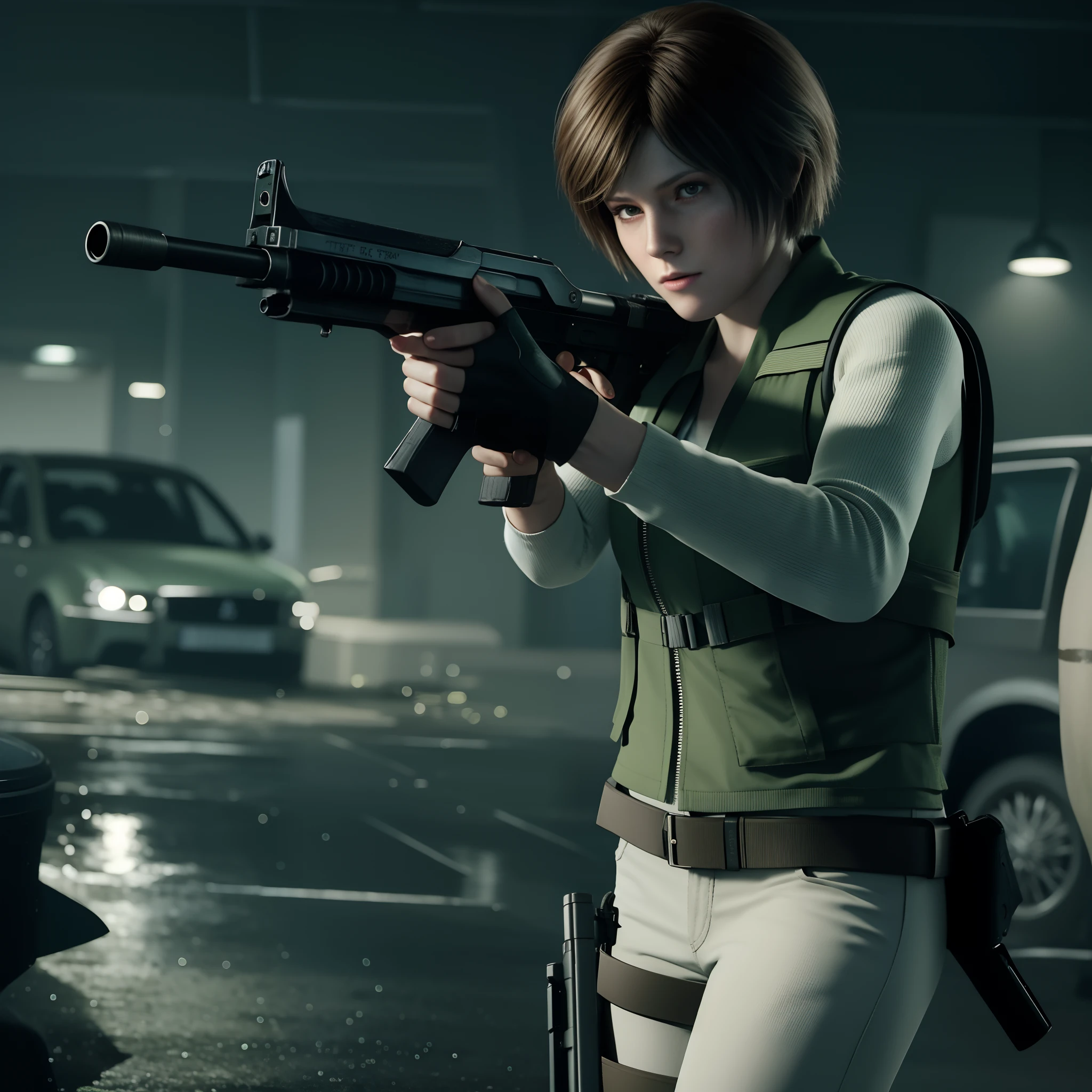 beautiful face, shy, short bob brown hair, perfect face, Rebecca chamber from resident evil, white jeans, green vest Long-sleeved dirty, holding a gun