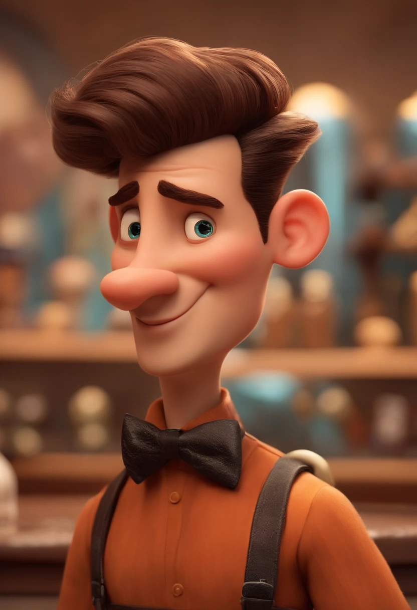 A Dream Barber Inspired by Pixar Animation, de perto. The character takes center stage with captivating facial expressions, oferecendo um toque de irrealidade, Cabelo curto e gordinho gradiente