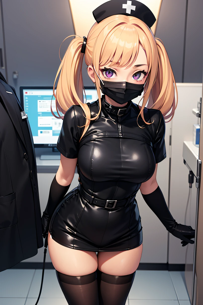 black nurse, 1girl, solo, black nurse cap, black wear, ((black legwear, zettai ryouiki)), black elbow gloves, twintails, yellow hair, purple eyes, ((black surgical mask, covered nose)), standing, ((surgery room)), sharp outline, short sleeves, best quality, masterpiece