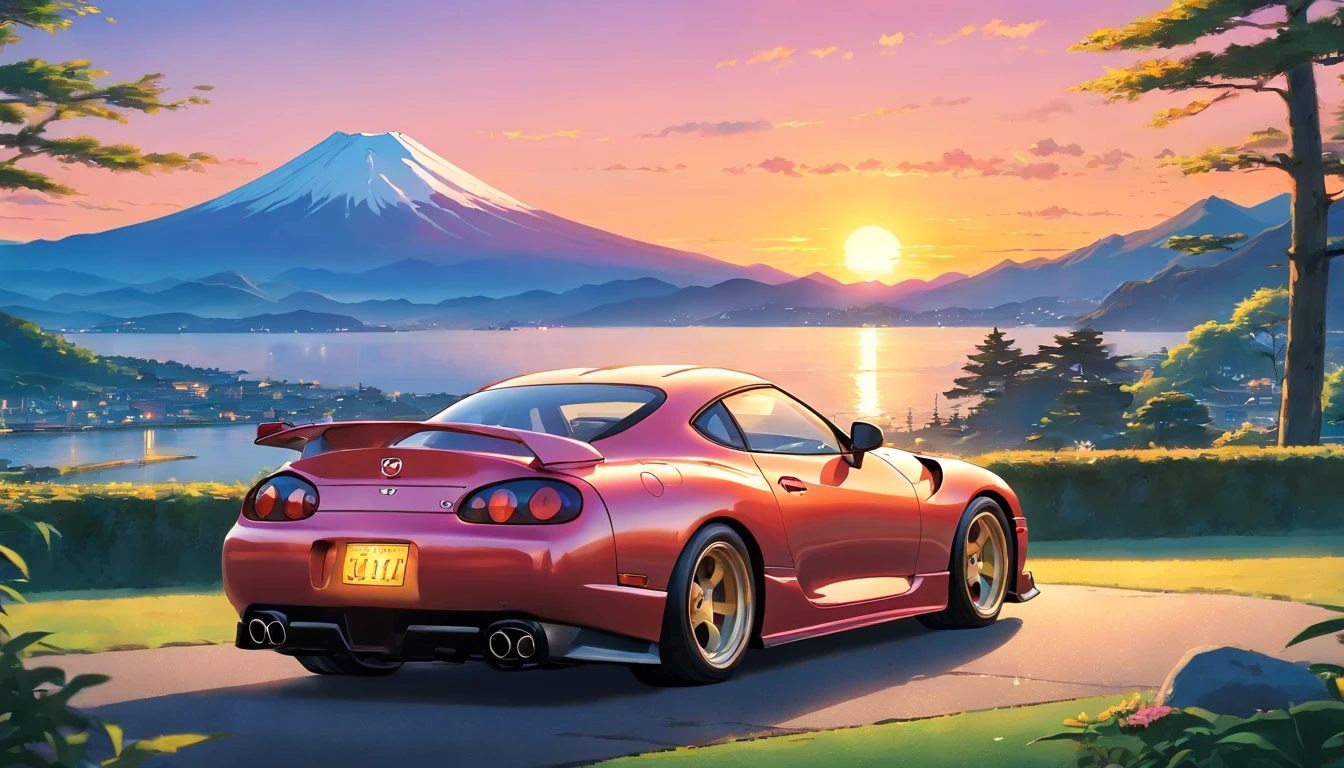 best quality, realistic, photography, vibrant colors, with the silhouette of Toyota Supra 1993 parked in the foreground. The Supra is sleek and shiny, reflecting the vibrant colors of the sunset sky. The Mont Fuji stands tall and majestic in the background, partially obscured by the beautiful hues of orange, pink, and purple. The couché de soleil creates a warm and serene atmosphere, casting a soft golden light on the surroundings. The image captures the essence of the iconic sports car, the breathtaking beauty of Mont Fuji, and the tranquility of a serene sunset.