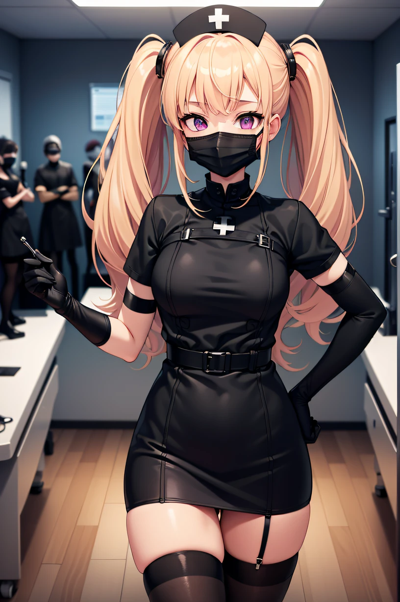 black nurse, 1girl, solo, black nurse cap, black wear, ((black legwear, zettai ryouiki)), black elbow gloves, twintails, yellow hair, purple eyes, ((black surgical mask, covered nose)), standing, ((surgery room)), sharp outline, short sleeves, best quality, masterpiece