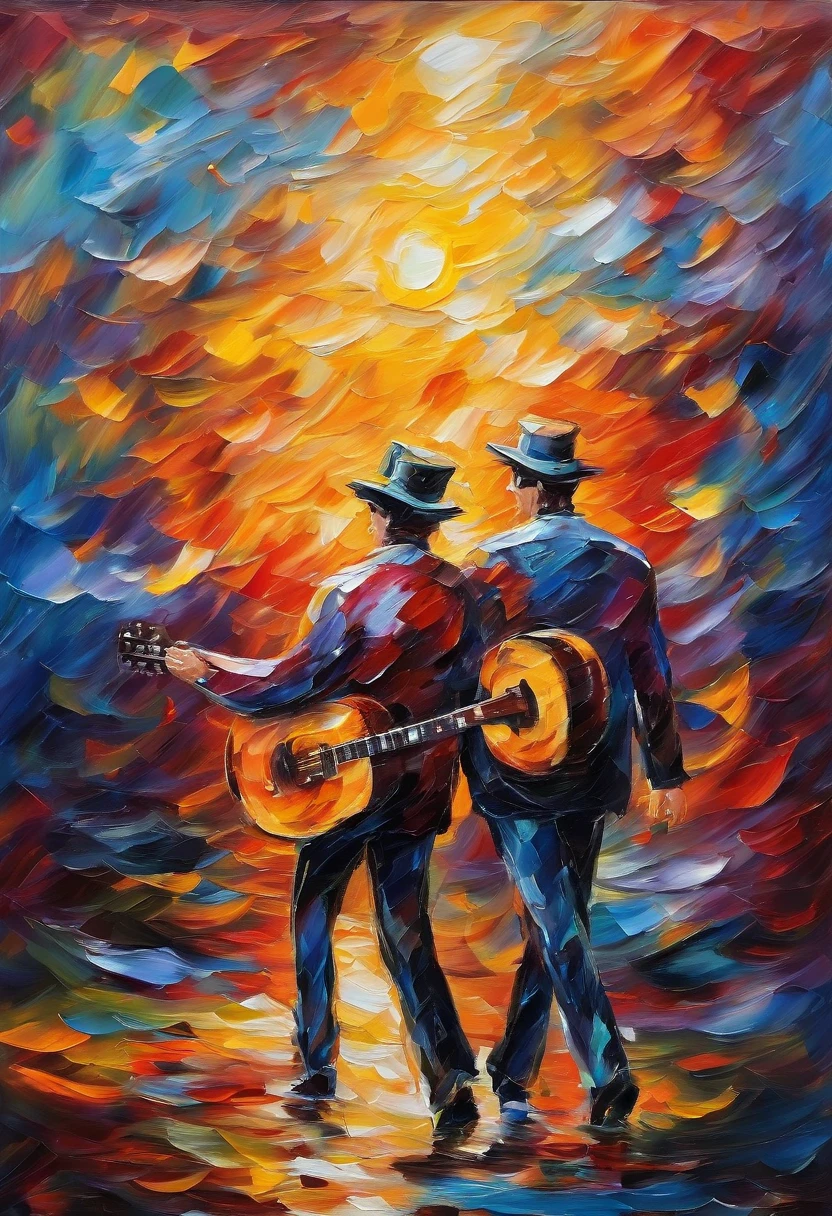 deep in the night, A young man and an older man,Two men carry guitars on their backs,rainy season, Best composition, Masterpiece oil painting on white background, impasto painting.