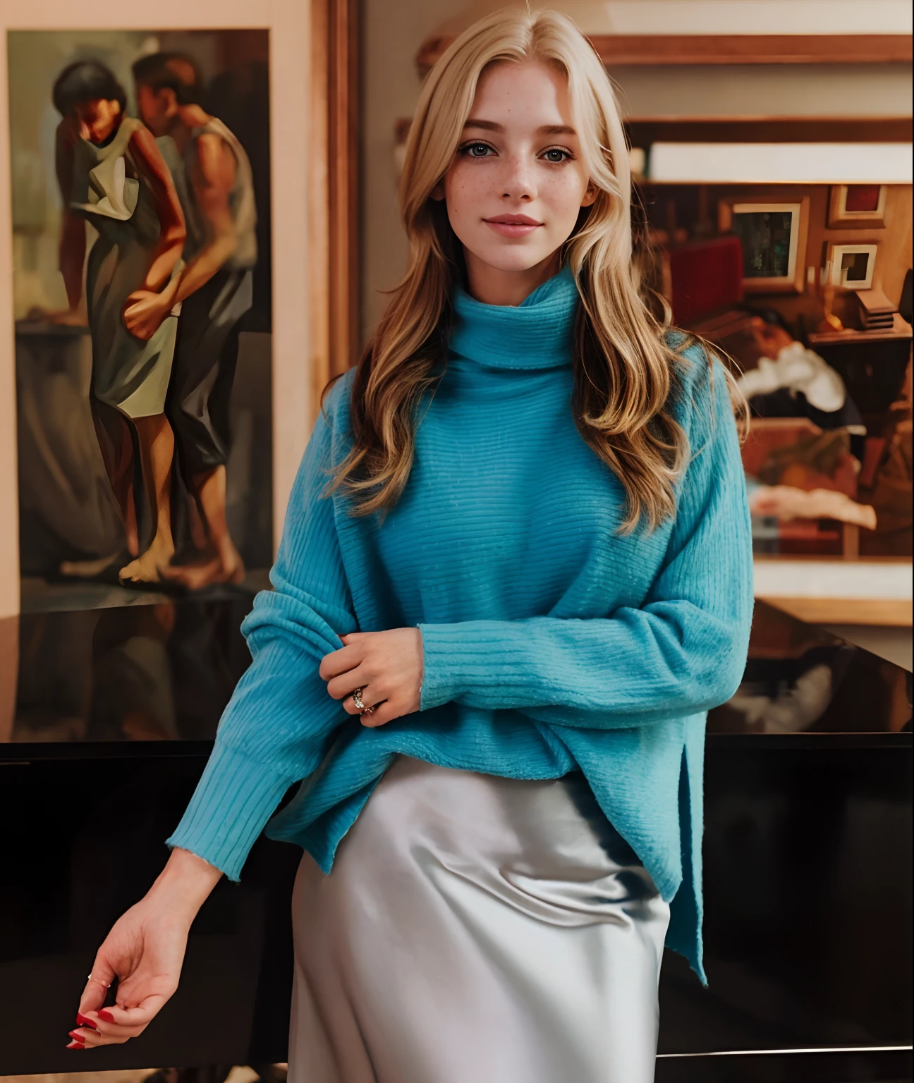 mulher, americana, 25 anos, pale skin and freckles, olhos cinzas, nariz delicado, soft and delicate lips, Cabelo blondie cinza longo e ondulados, sorriso meigo