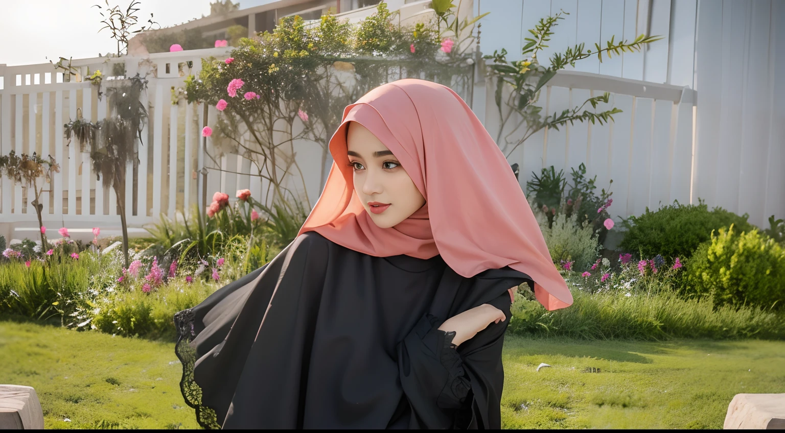 there is a woman standing in a black and pink hijab, hijab, black and terracotta, black and brown, with cape, with black, shawl, inspired by Shaddy Safadi, inspired by Nazmi Ziya Güran, selina, inspired by Naza, in lace brown dress, beautiful, taken at golden hour, inspired by Fathi Hassan, at sunrise, ai art, illustration, concept, beautifull, hijab