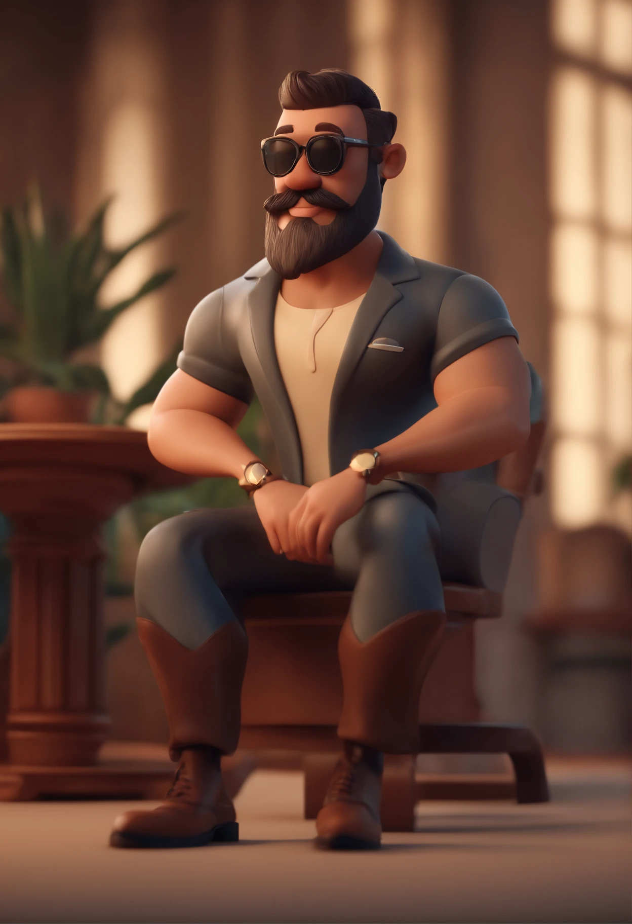 Cartoon character of a man with sunglasses, cabelo grisalho e uma camisa polo preta, cabelo liso, With beard and old school tattoo on his arm, animation character, Caractere estilizado, animation style rendering, 3D estilizado, Arnold Maya render, 3 d render stylized, toon render keyshot, Personagem 3D, Personagem 3D, 3d rendering stylized, 3 d character render, personagem de desenho animado, Personagem de close up, Pose de personagem, (Estilo Pixar) (master part:1.2) (Bokeh) (best quality) (pele detalhada) (textura detalhada) (8k) (argila) (Cinematic lighting) (foco nítido
