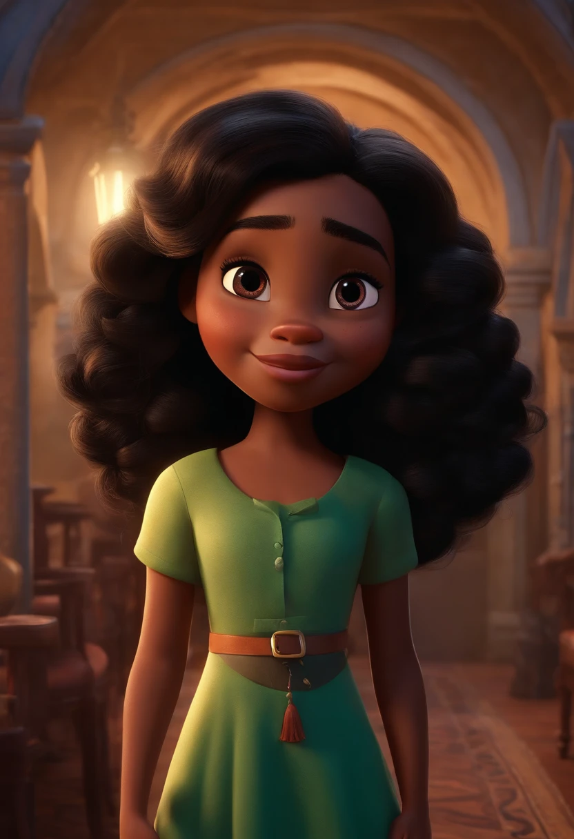 Um filme inspirado na Disney Pixar (MENINA NEGRA JOVEM COM CABELO LONGO CACHEADO PRETO) dentro A cena estar na arte distinta do estilo PIXAR, descolada e estilosa