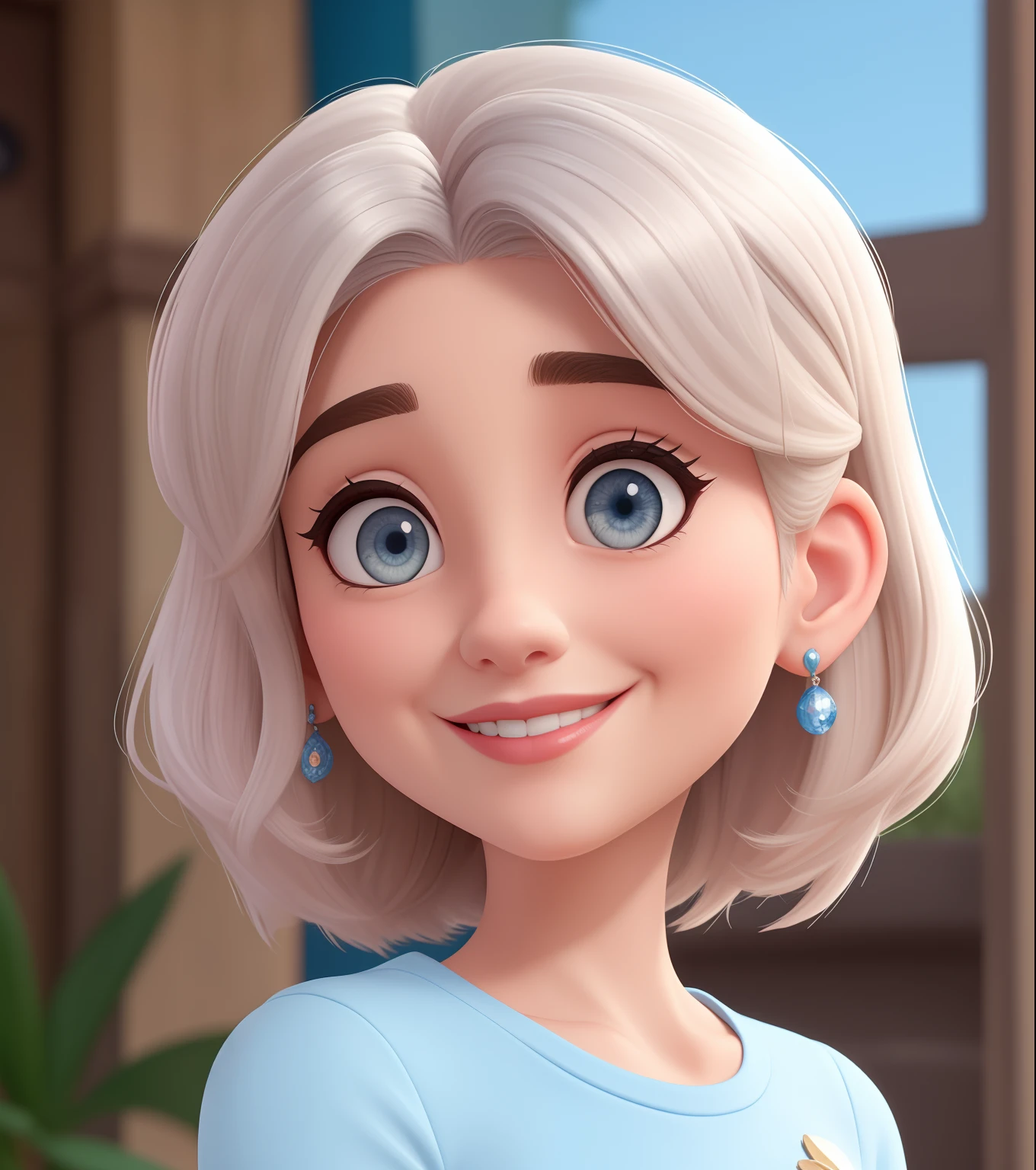 Uma mulher tipo disney de 58 anos, com cabelo loiros cumpridos, Rosto redondo, rosto redondo com sorriso encantador, e olhos azuis, looking at the camera