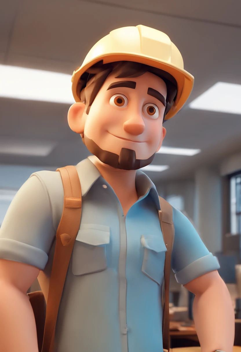 Estilo Pixar: Brown Eyes Man with construction helmet on head 27 years old with short dark brown beard, sorrindo com camisa azul clara, in an office