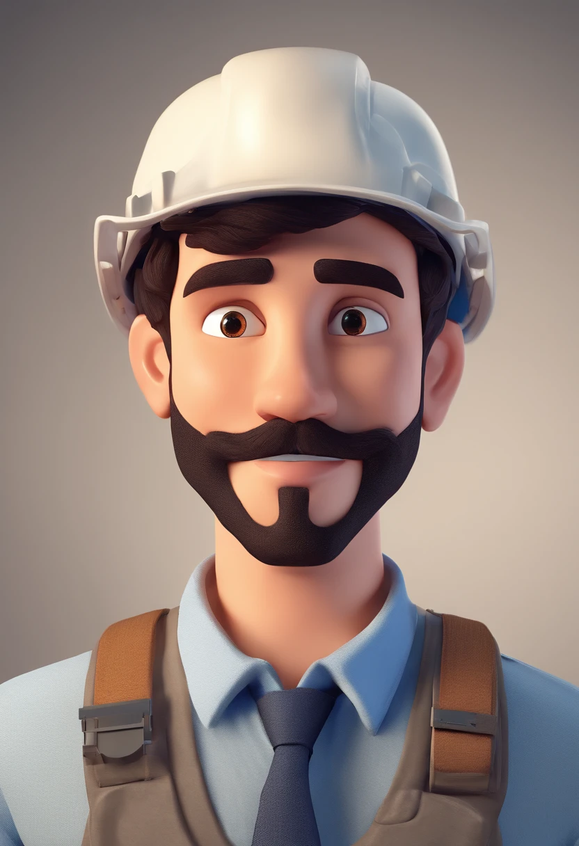 Estilo Pixar: Brown Eyes Man with construction helmet on head 27 years old with short dark brown beard, sorrindo com camisa azul clara, in an office