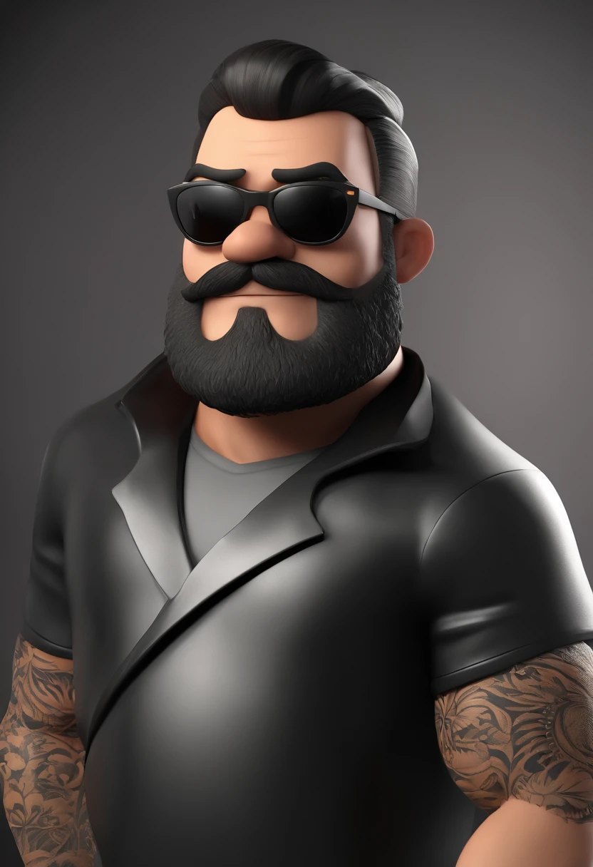 Cartoon character of a man with sunglasses, cabelo grisalho e uma camisa polo preta, cabelo liso, With beard and old school tattoo on his arm, animation character, Caractere estilizado, animation style rendering, 3D estilizado, Arnold Maya render, 3 d render stylized, toon render keyshot, Personagem 3D, Personagem 3D, 3d rendering stylized, 3 d character render, personagem de desenho animado, Personagem de close up, Pose de personagem,  (Estilo Pixar) (master part:1.2) (Bokeh) (best quality) (pele detalhada) (textura detalhada) (8k) (argila) (Cinematic lighting) (foco nítido