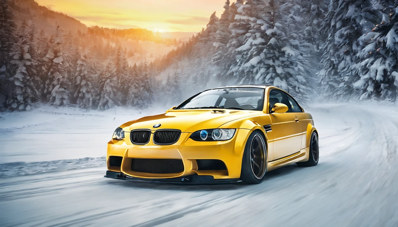 (best quality,highres,realistic:1.37),Bmw m3 e46 yellow, skidding on the snow,motion blur,exciting action,icy and snowy landscape,winter beauty,aggressive stance,sharp curves,fast and furious,sports car speed,high-performance vehicle,impressive power,adrenaline rush,racing on the snowy track,engine roar,high-octane intensity,snow-covered road,precision control,driving skills mastery,brilliant yellow against white backdrop,driving pleasure,visual spectacle,thrilling experience,steering precision,stunning drifts,snowflakes flying,extreme cornering,breathtaking aesthetics,sleek design,ultimate driving machine,striking contrast,visual impact,impressive dynamics,snowy adventure,heart-pounding moments,passionate driving,unforgettable ride,hairpin turns,icy thrill,winter escapade,unleashed power