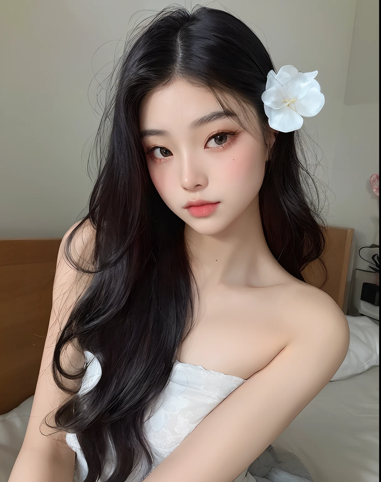 There is a woman with long hair and a flower in her hair, Beautiful Asian girl, asian features, Mulher sul-coreana bonita, mulher coreana jovem bonita, linda mulher coreana jovem, menina coreana, Beautiful Asian woman, Asian girl with long hair, young cute wan asian face, gorgeous chinese model, Asian girl, Ulzzang, a young asian woman, beautiful aesthetic face
