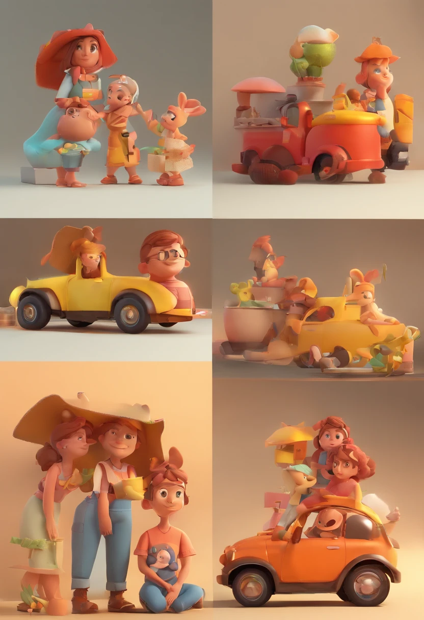 Estilo Pixar: Familia, Um pai, A mother and two girls. Uma menino de 6 anos e outro de 2 anos . Uma fazenda com vacas lindas e marrom .