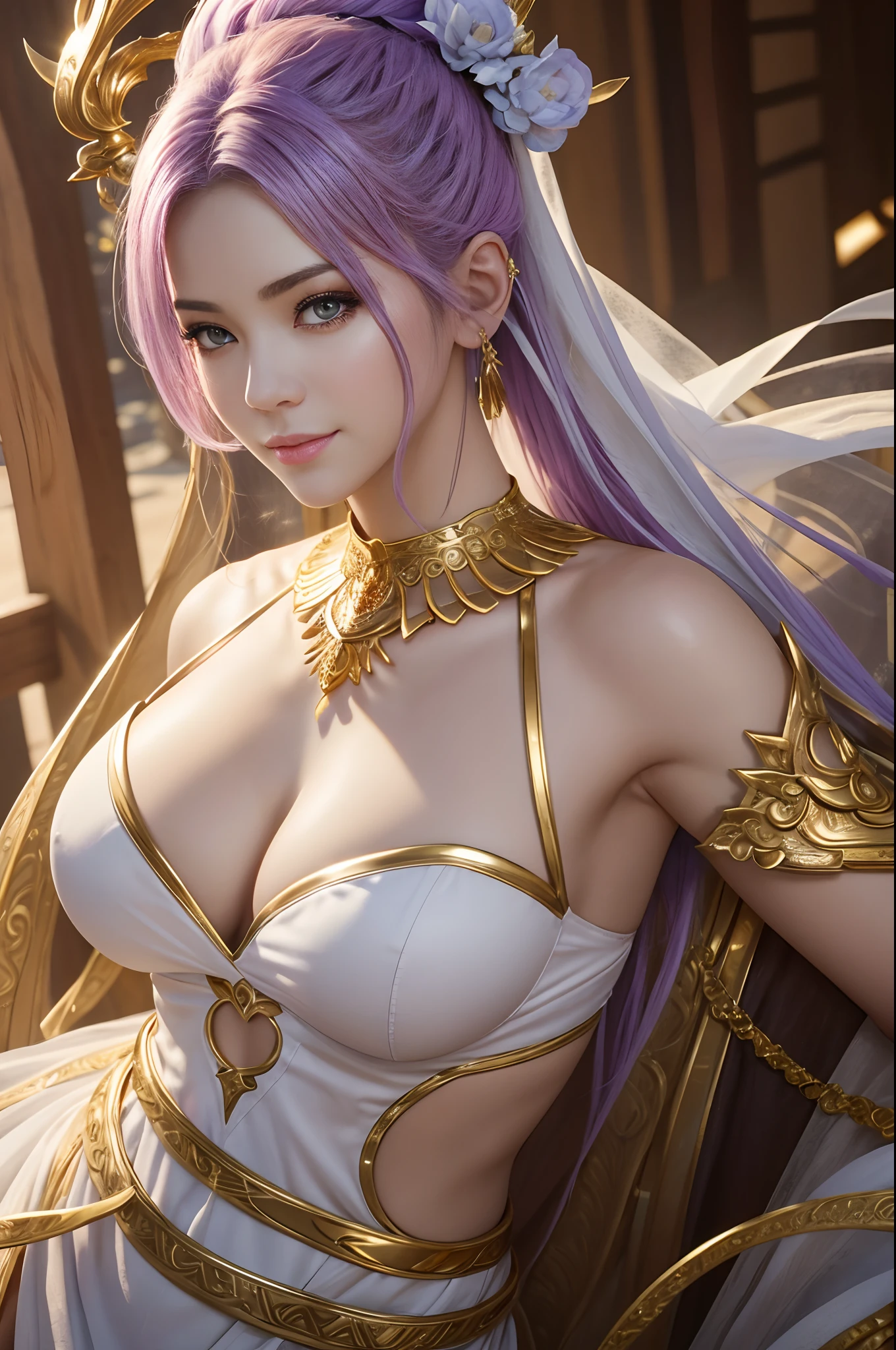 8K、The highest quality of photorealistic RAW photos。1.4)(adult lady<>a person) Super beauty(Lifelike face) Mature woman with purple mohawk、Ethereal、goddes、large full breasts、vivd colour、Gold and White Goddess Costume,white greek peplos、Golden hair、The perfect female figure、a smile、trending on artstationh、​masterpiece、8K分辨率、Fantasyart、超A high resolution,real looking skin,Golden decoration,