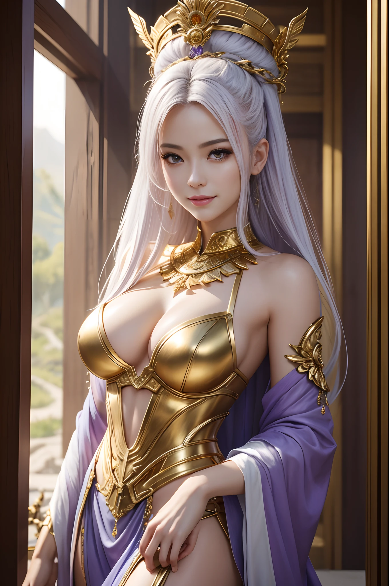 8K、The highest quality of photorealistic RAW photos。1.4)(adult lady<>a person) Super beauty(Lifelike face) Mature woman with purple mohawk、Ethereal、goddes、large full breasts、vivd colour、Gold and White Goddess Costume,white greek peplos、Golden hair、The perfect female figure、a smile、trending on artstationh、​masterpiece、8K分辨率、Fantasyart、超A high resolution,real looking skin,Golden decoration,