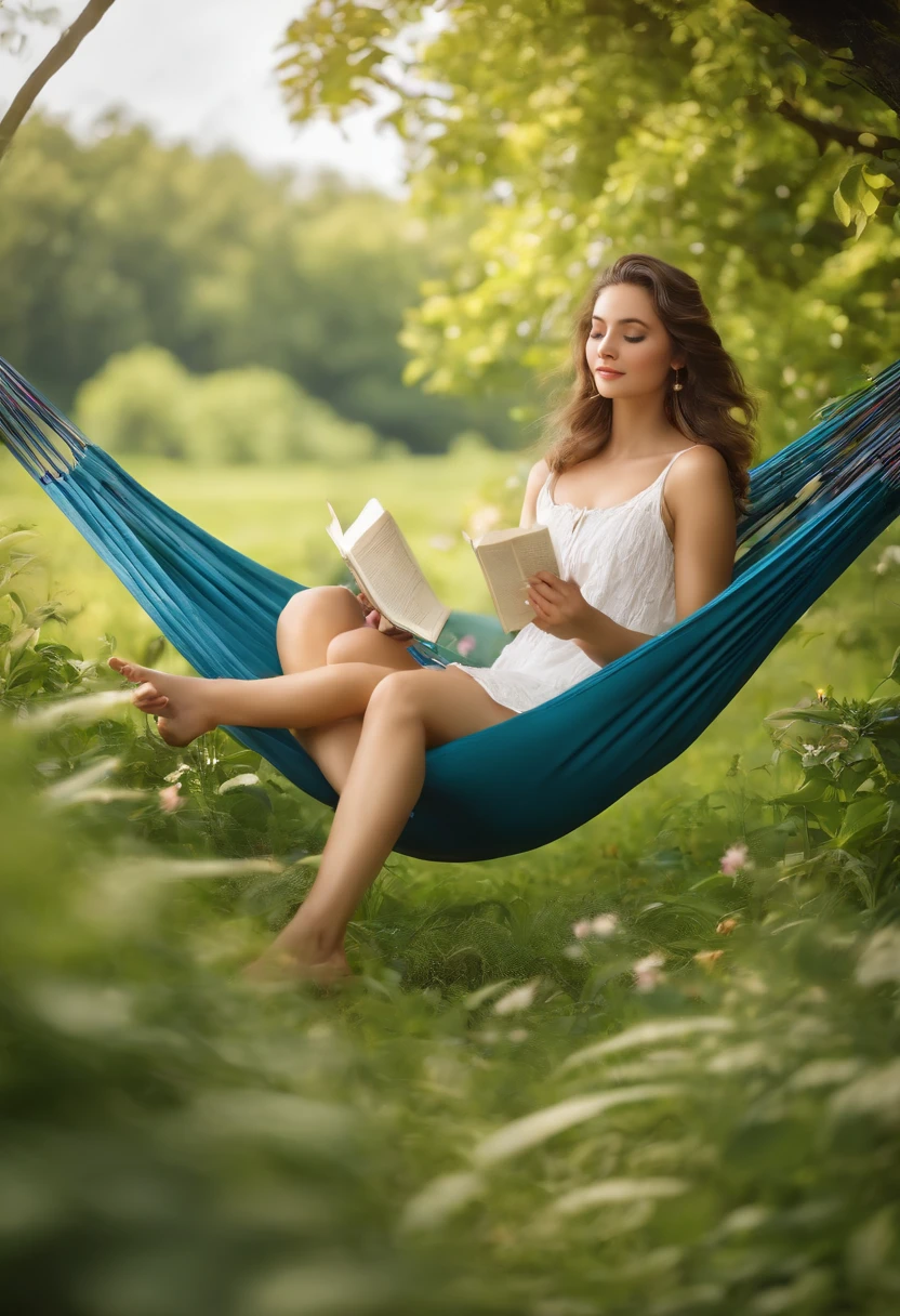 a girl lying on a comfortable hammock in a colorful garden,gentle sunlight shining through the leaves,soft breeze gently swaying the flowers and grass around her,relaxing atmosphere,surrounded by lush greenery,natural beauty,peaceful and serene,perfectly relaxed and carefree mood [beautiful detailed eyes,beautiful detailed lips],wearing a loose summer dress,engrossed in a captivating book,in the background,there is a small waterfall cascading down gently,lazy clouds floating in the clear blue sky,birds chirping happily,creating a harmonious melody,inspiring a sense of tranquility and calmness,artistic and dreamlike scenery,masterpiece:1.2,highres,ultra-detailed,photorealistic,studio lighting,vivid colors,soft and warm color palette